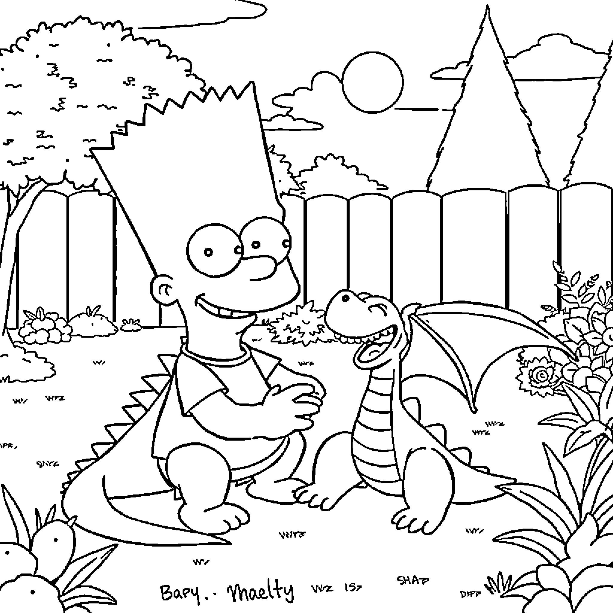 Bart Simpson enjoying nature with a friendly dragon Coloring Page (free black-and-white line drawing printable PDF for all, from beginners to advanced learners, including children, teens, adults, and seniors)