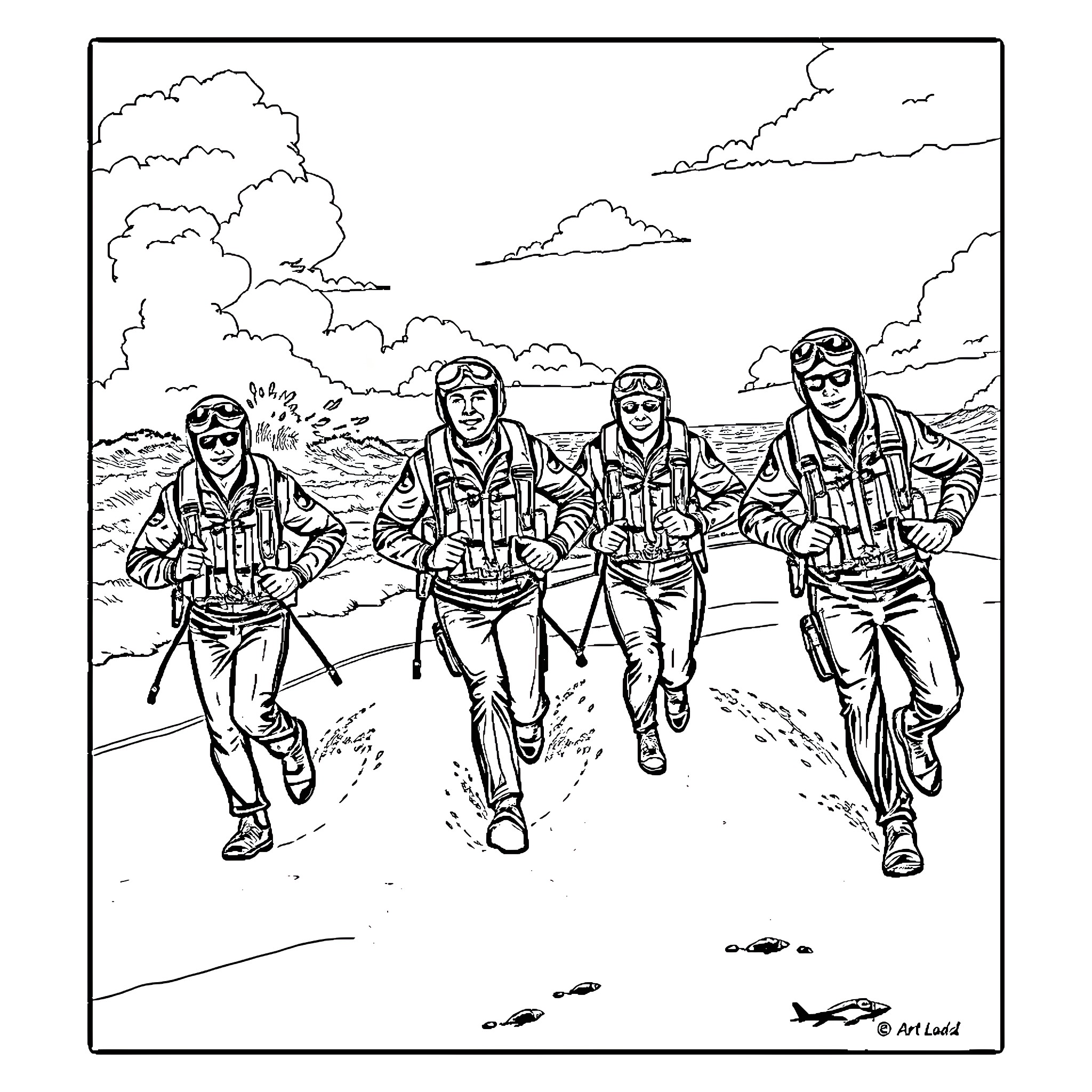 Maverick fighter pilots in action-packed scene Coloring Page (free black-and-white line drawing printable PDF for all, from beginners to advanced learners, including children, teens, adults, and seniors)