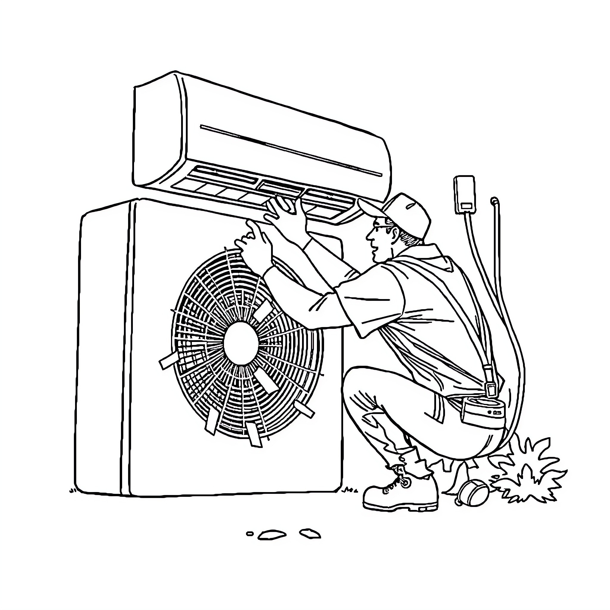 Repairman servicing air conditioning unit Coloring Page (free black-and-white line drawing printable PDF for all, from beginners to advanced learners, including children, teens, adults, and seniors)