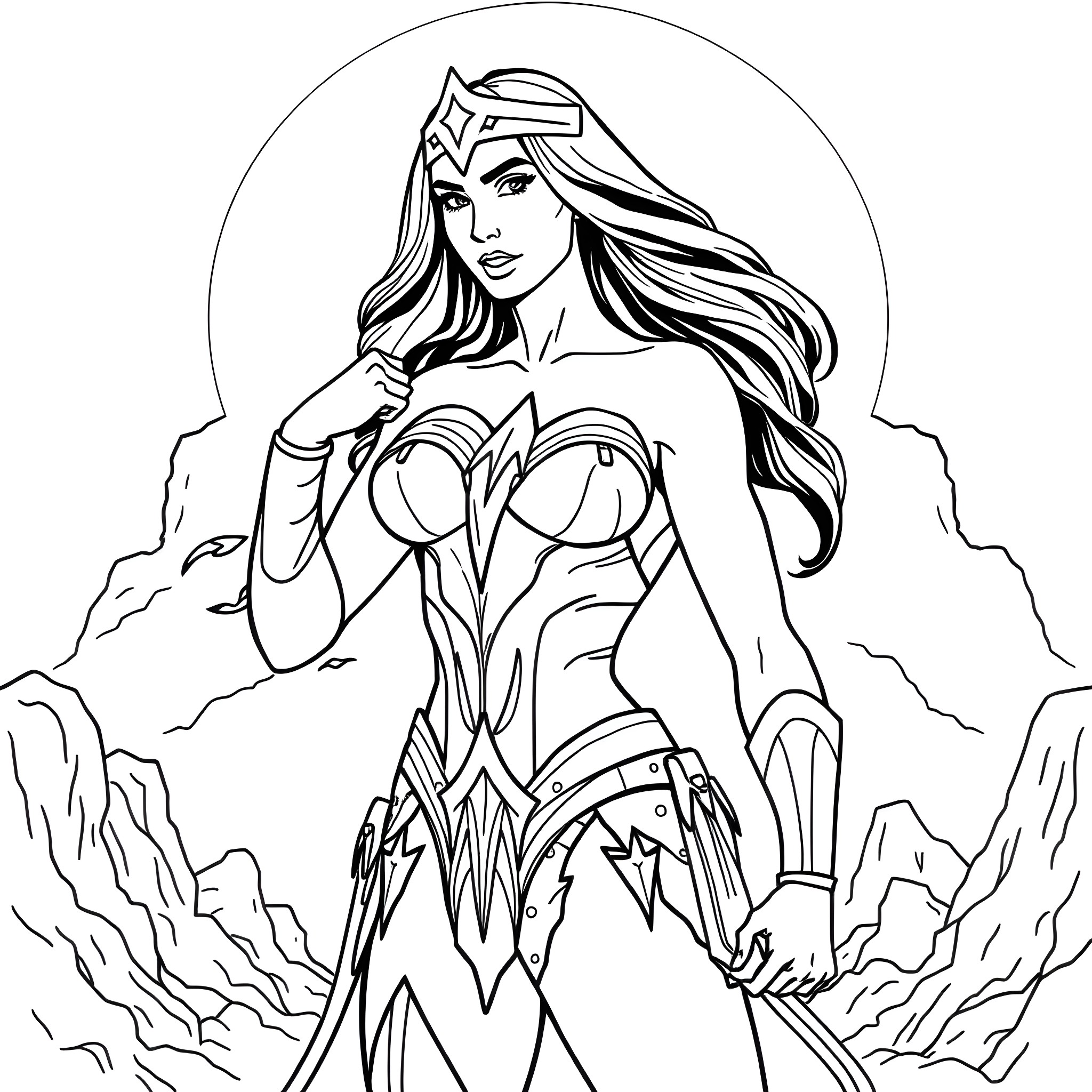 Wonder Woman in action pose with her powerful outfit Coloring Page (free black-and-white line drawing printable PDF for all, from beginners to advanced learners, including children, teens, adults, and seniors)