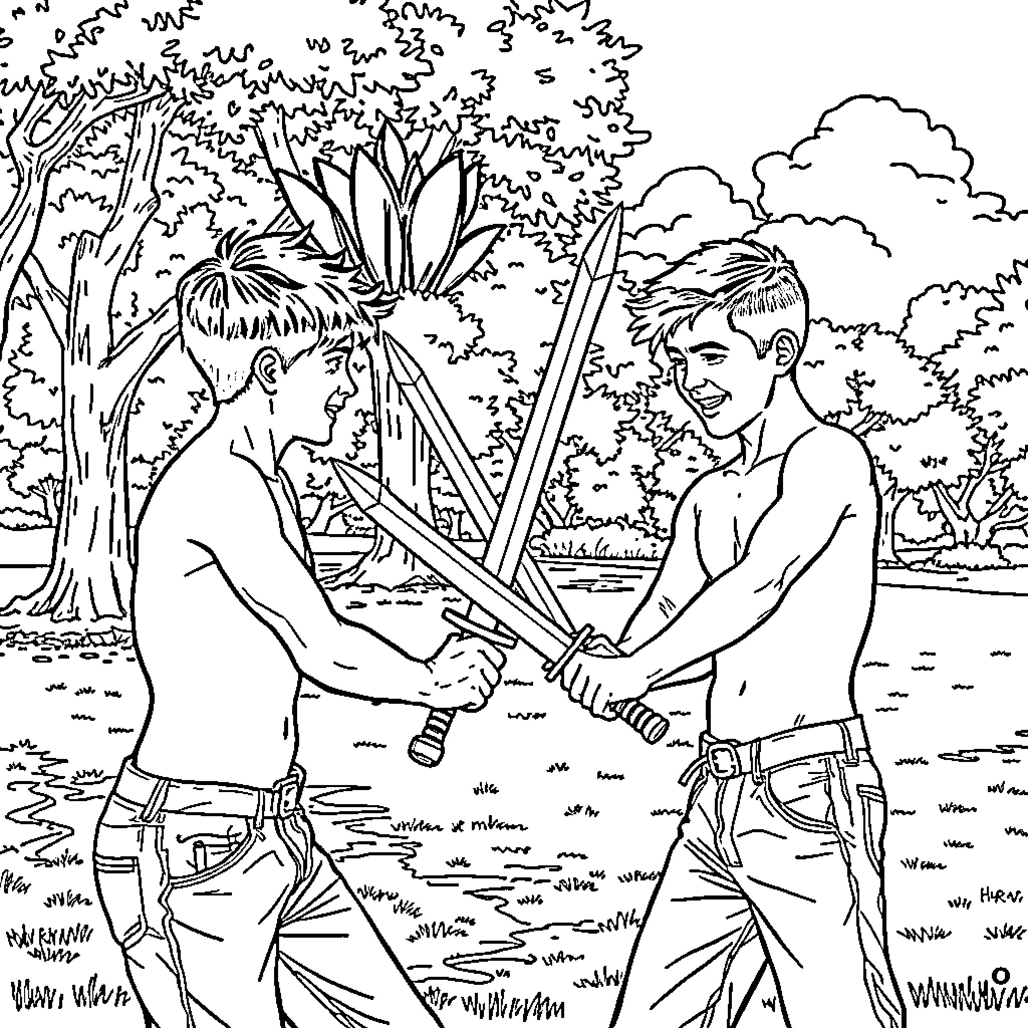 Boy Engaging in Friendly Sword Fighting in the Woods Coloring Page (free black-and-white line drawing printable PDF for all, from beginners to advanced learners, including children, teens, adults, and seniors)