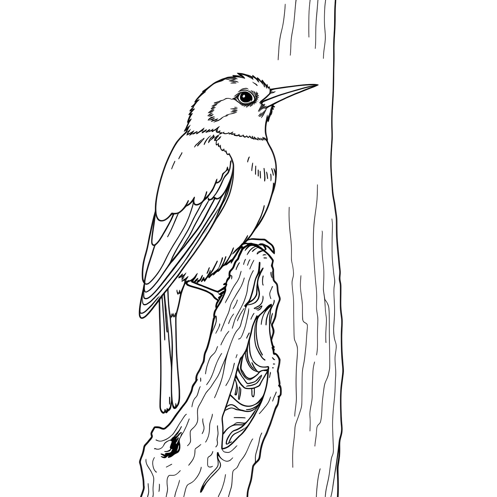 Dacnis bird perched on a tree branch Coloring Page (free black-and-white line drawing printable PDF for all, from beginners to advanced learners, including children, teens, adults, and seniors)