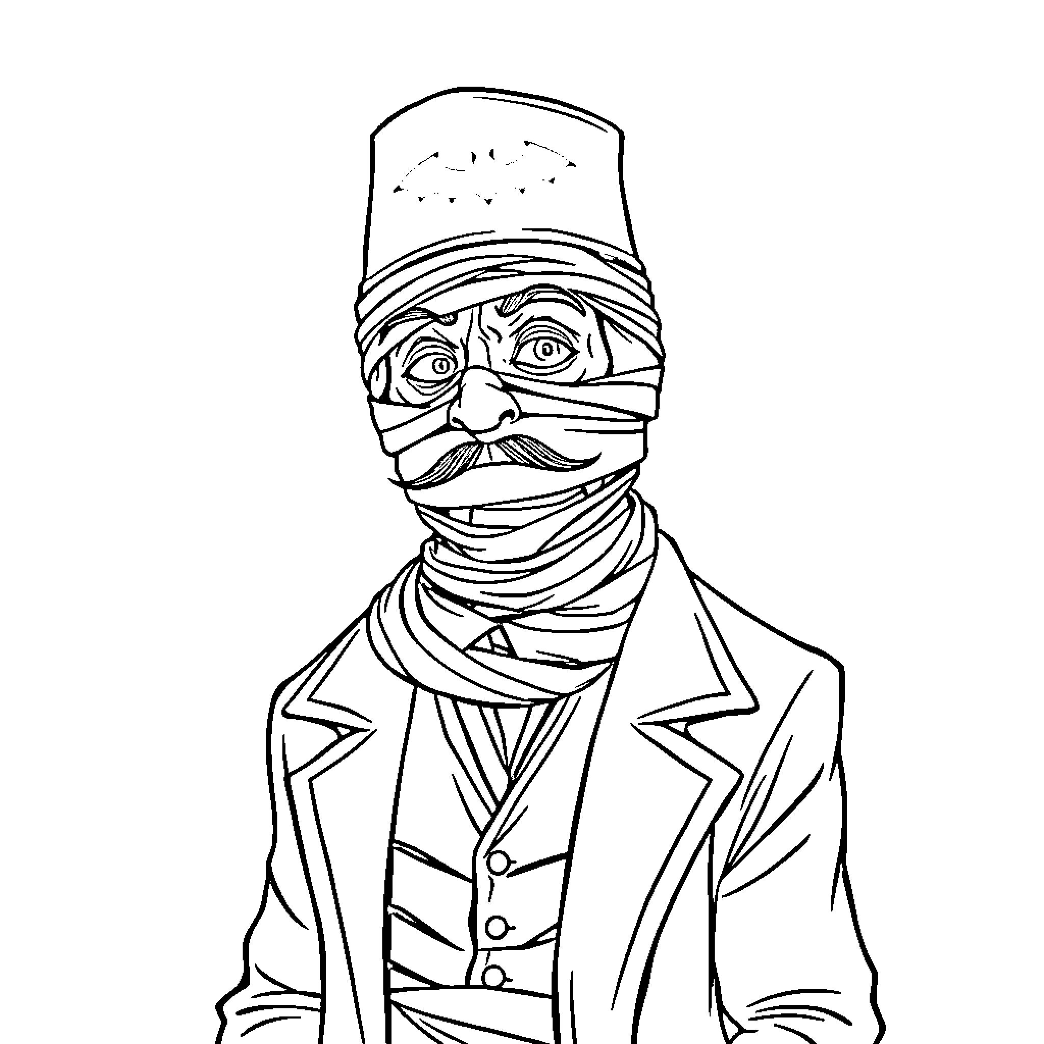 Mummy in formal attire with head covering Coloring Page (free black-and-white line drawing printable PDF for all, from beginners to advanced learners, including children, teens, adults, and seniors)