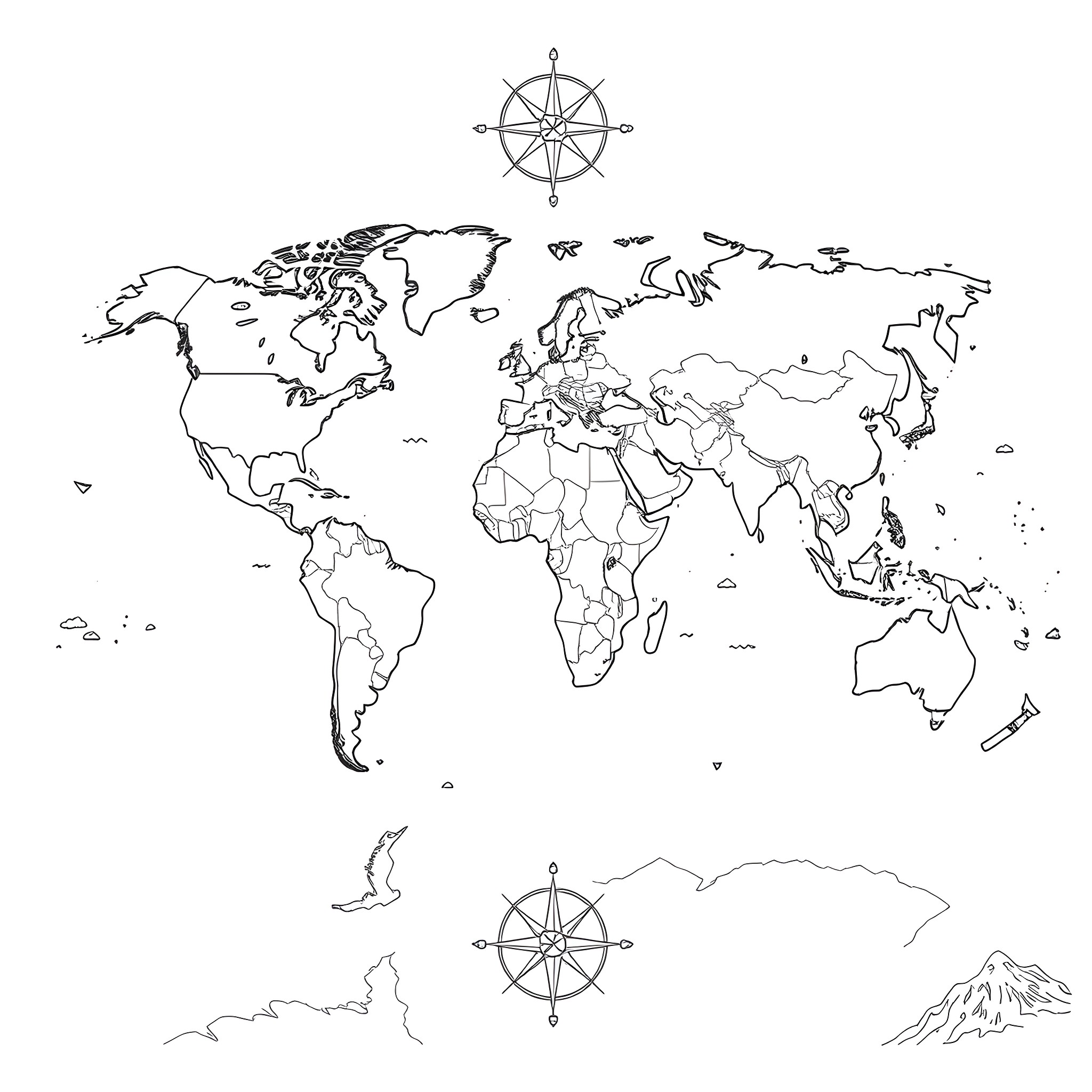 Map of the world with compass rose Coloring Page (free black-and-white line drawing printable PDF for all, from beginners to advanced learners, including children, teens, adults, and seniors)