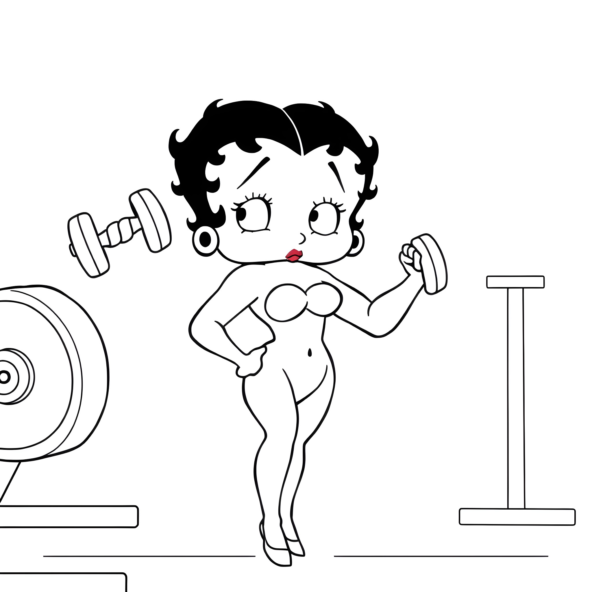 Betty Boop Lifting Weights at the Gym Coloring Page (free black-and-white line drawing printable PDF for all, from beginners to advanced learners, including children, teens, adults, and seniors)