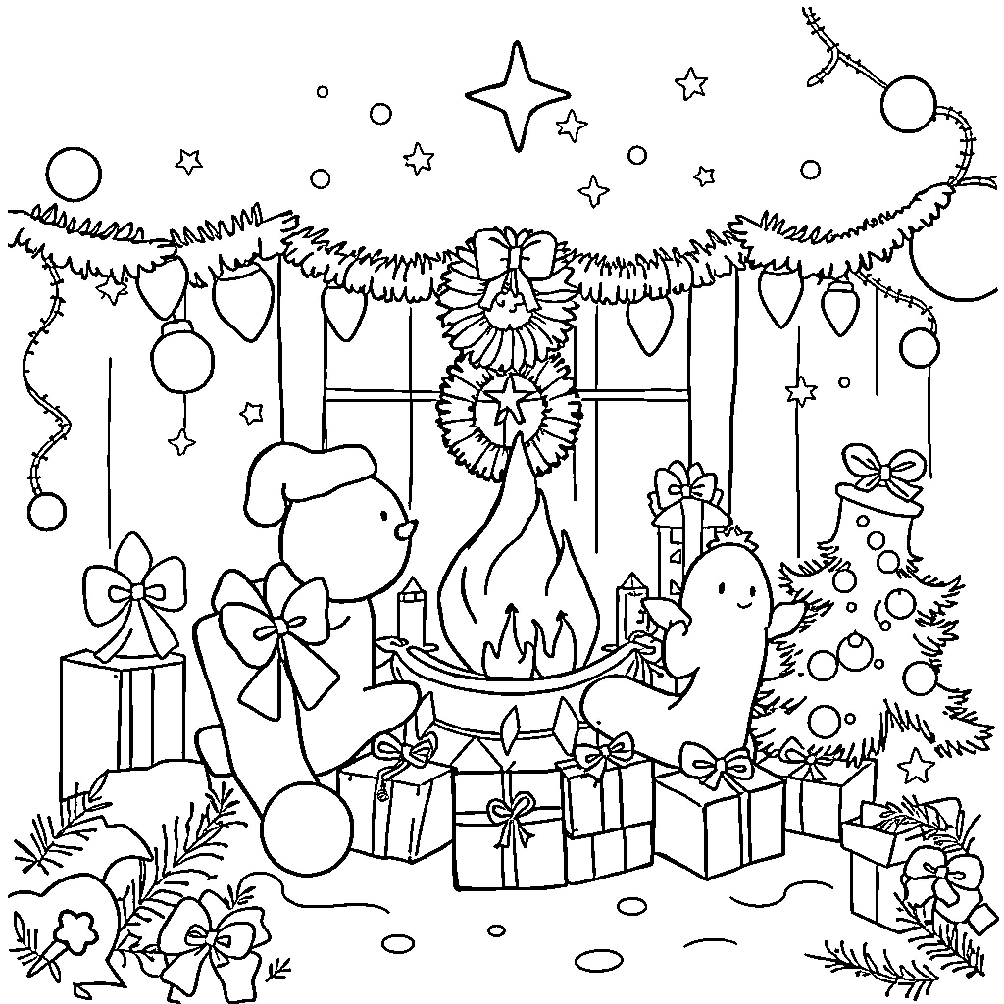 Christmas decorations and gifts with playful animals Coloring Page (free black-and-white line drawing printable PDF for all, from beginners to advanced learners, including children, teens, adults, and seniors)