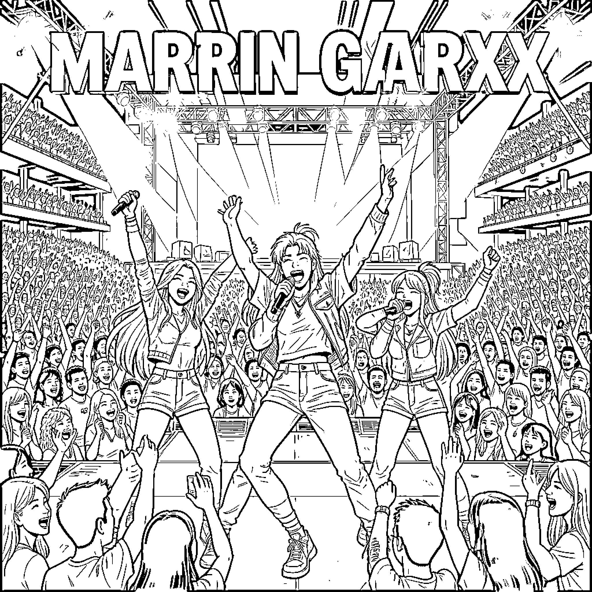Guerrera Rockstars Performing on Stage Coloring Page (free black-and-white line drawing printable PDF for all, from beginners to advanced learners, including children, teens, adults, and seniors)