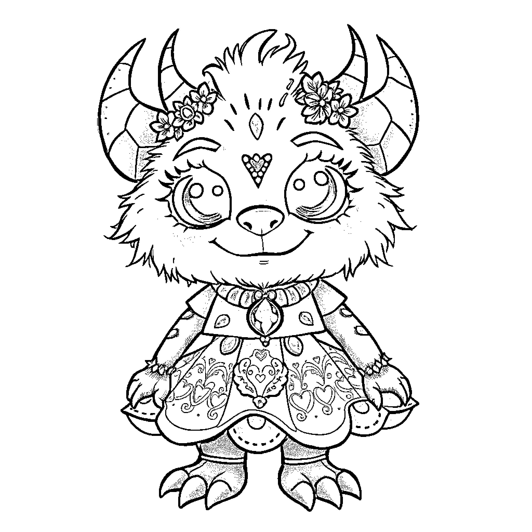 Monster with Floral Adornments and Ornate Outfit Coloring Page (free black-and-white line drawing printable PDF for all, from beginners to advanced learners, including children, teens, adults, and seniors)