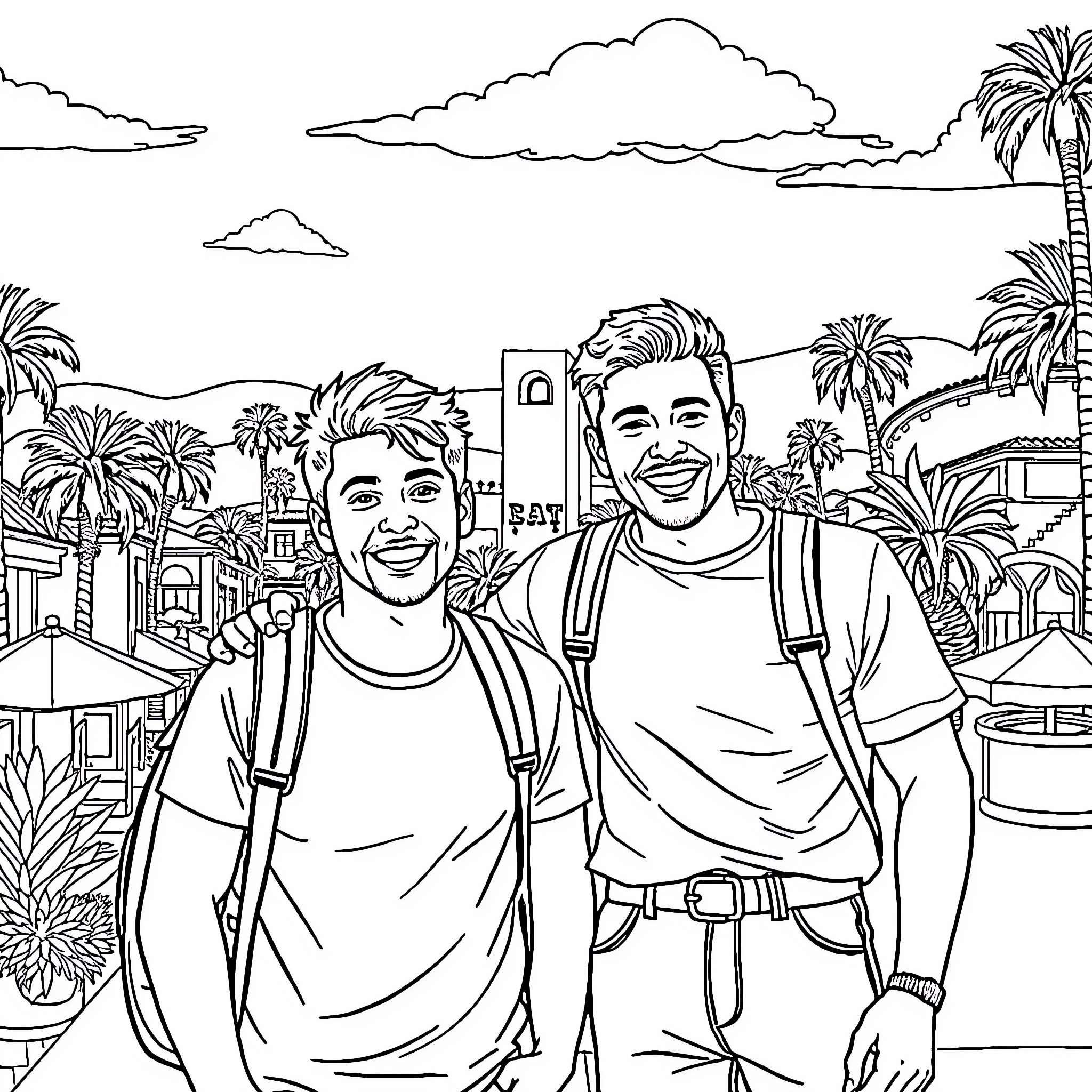 Shawn and Gus enjoying a sunny day in the city Coloring Page (free black-and-white line drawing printable PDF for all, from beginners to advanced learners, including children, teens, adults, and seniors)