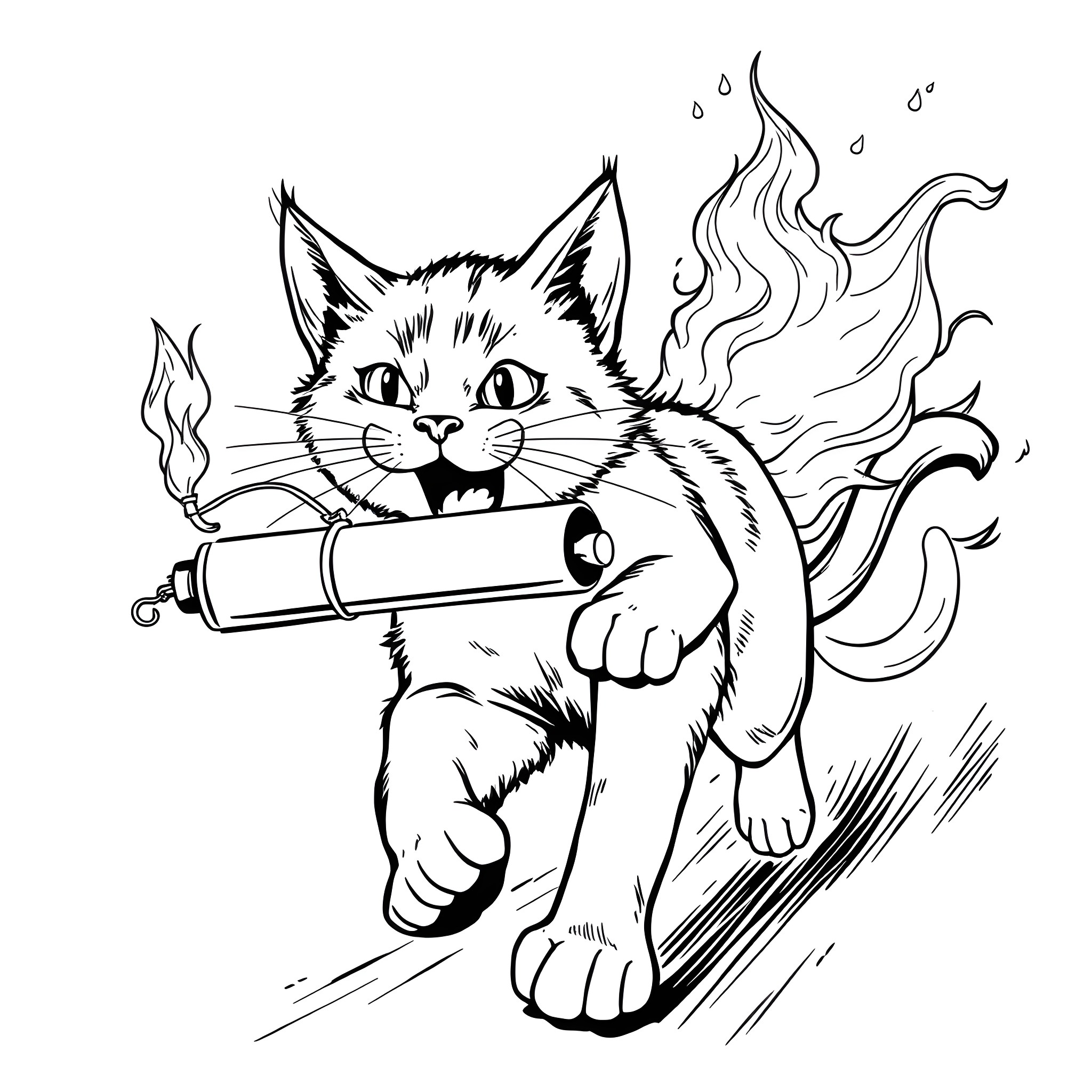 Cat Riding a Jetpack Coloring Page (free black-and-white line drawing printable PDF for all, from beginners to advanced learners, including children, teens, adults, and seniors)