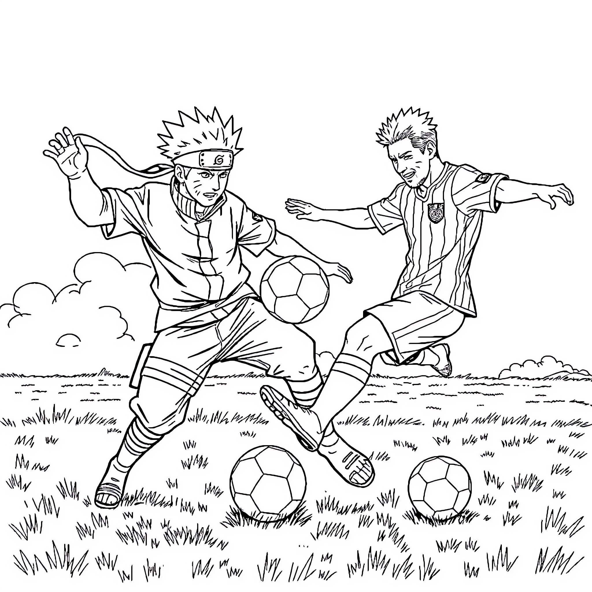 Naruto characters playing soccer in the field Coloring Page (free black-and-white line drawing printable PDF for all, from beginners to advanced learners, including children, teens, adults, and seniors)