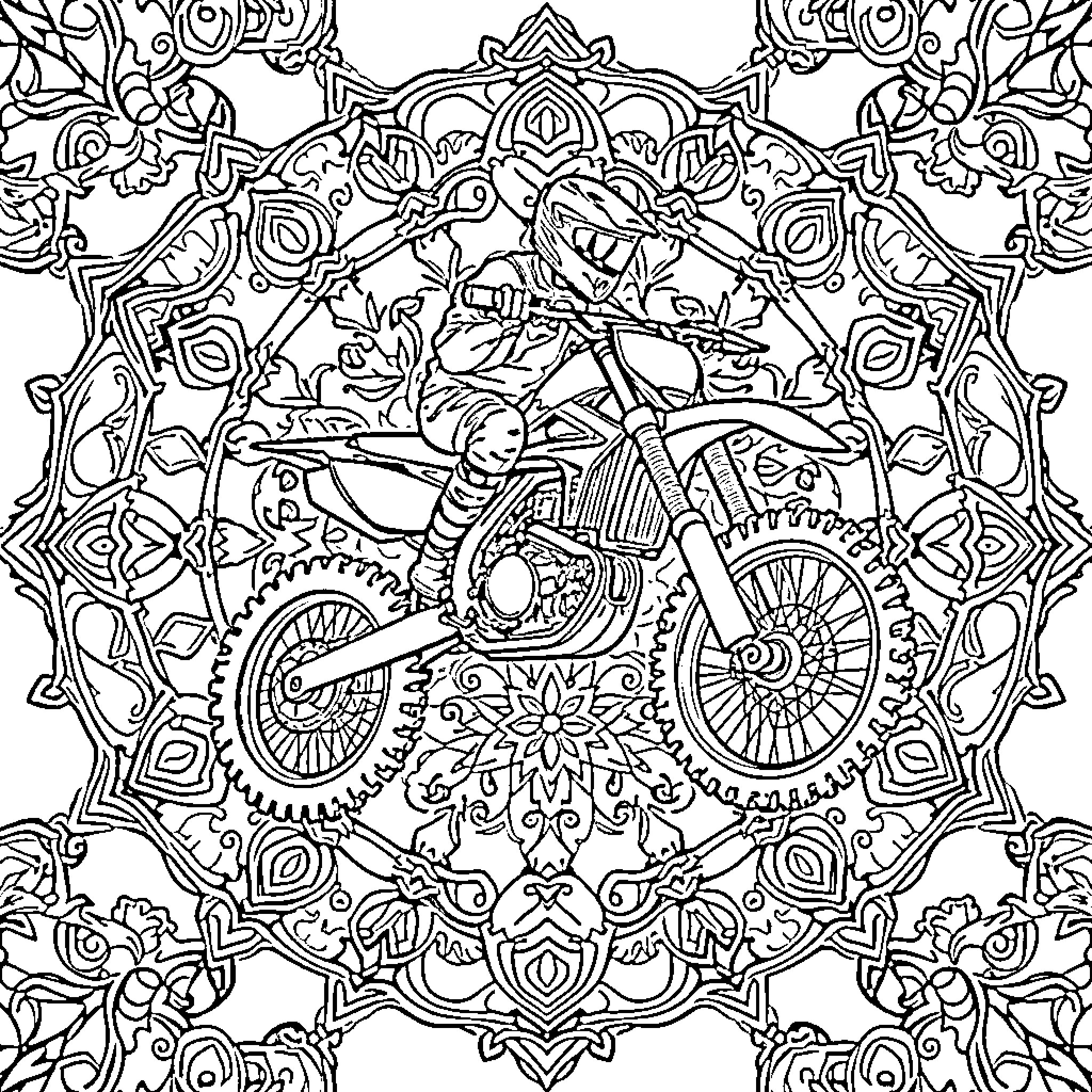 Motocross rider in intricate floral mandala design Coloring Page (free black-and-white line drawing printable PDF for all, from beginners to advanced learners, including children, teens, adults, and seniors)