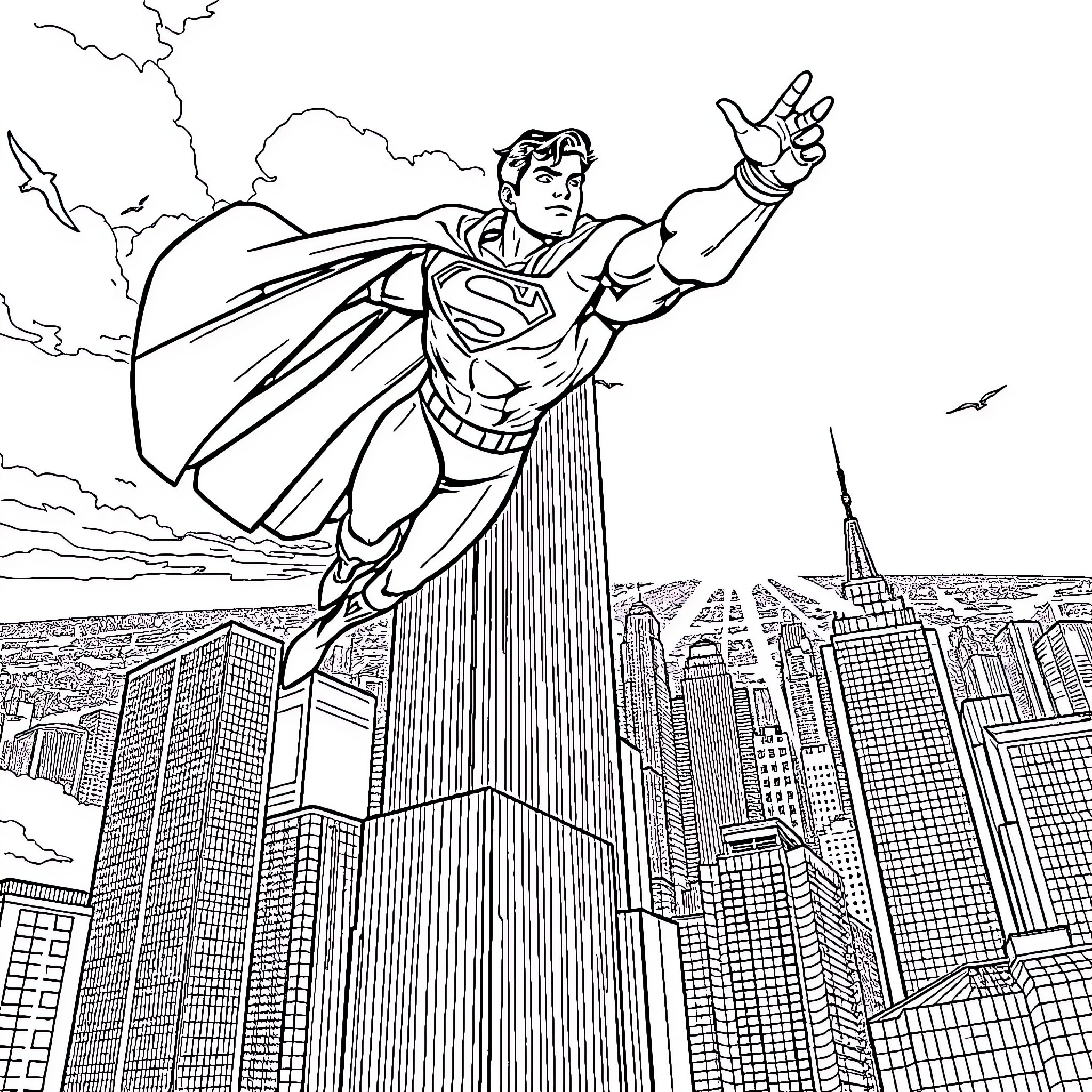 Superman soaring over the city skyline Coloring Page (free black-and-white line drawing printable PDF for all, from beginners to advanced learners, including children, teens, adults, and seniors)