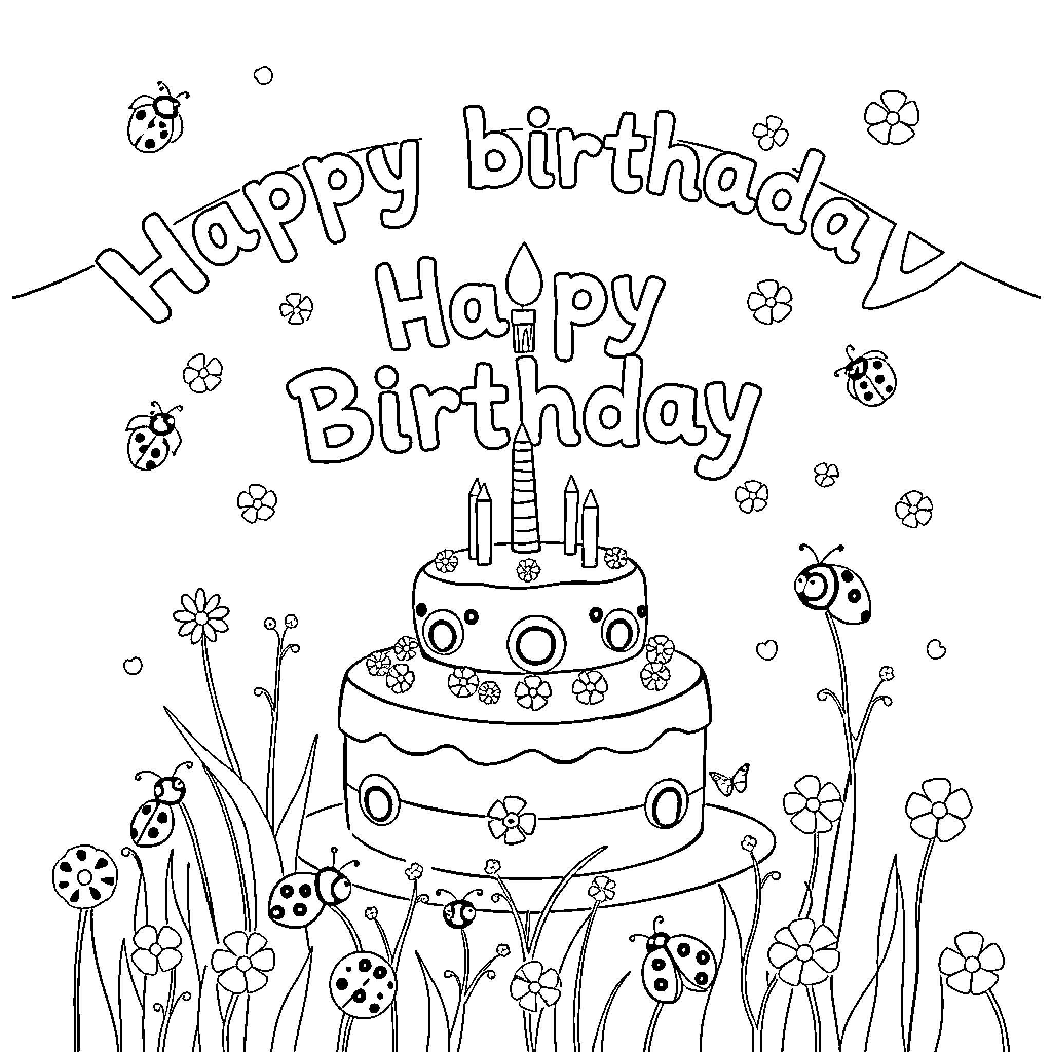 Ladybug celebrating a happy birthday with a cake Coloring Page (free black-and-white line drawing printable PDF for all, from beginners to advanced learners, including children, teens, adults, and seniors)
