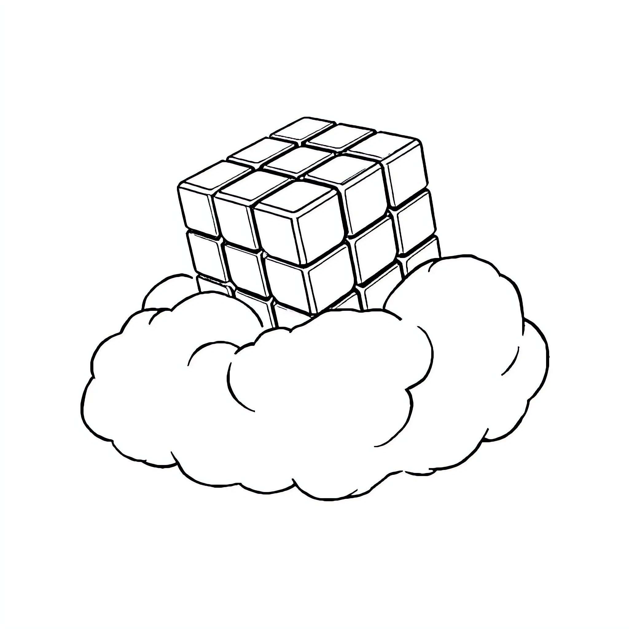 Rubik's Cube suspended in cloudy dreamscape Coloring Page (free black-and-white line drawing printable PDF for all, from beginners to advanced learners, including children, teens, adults, and seniors)