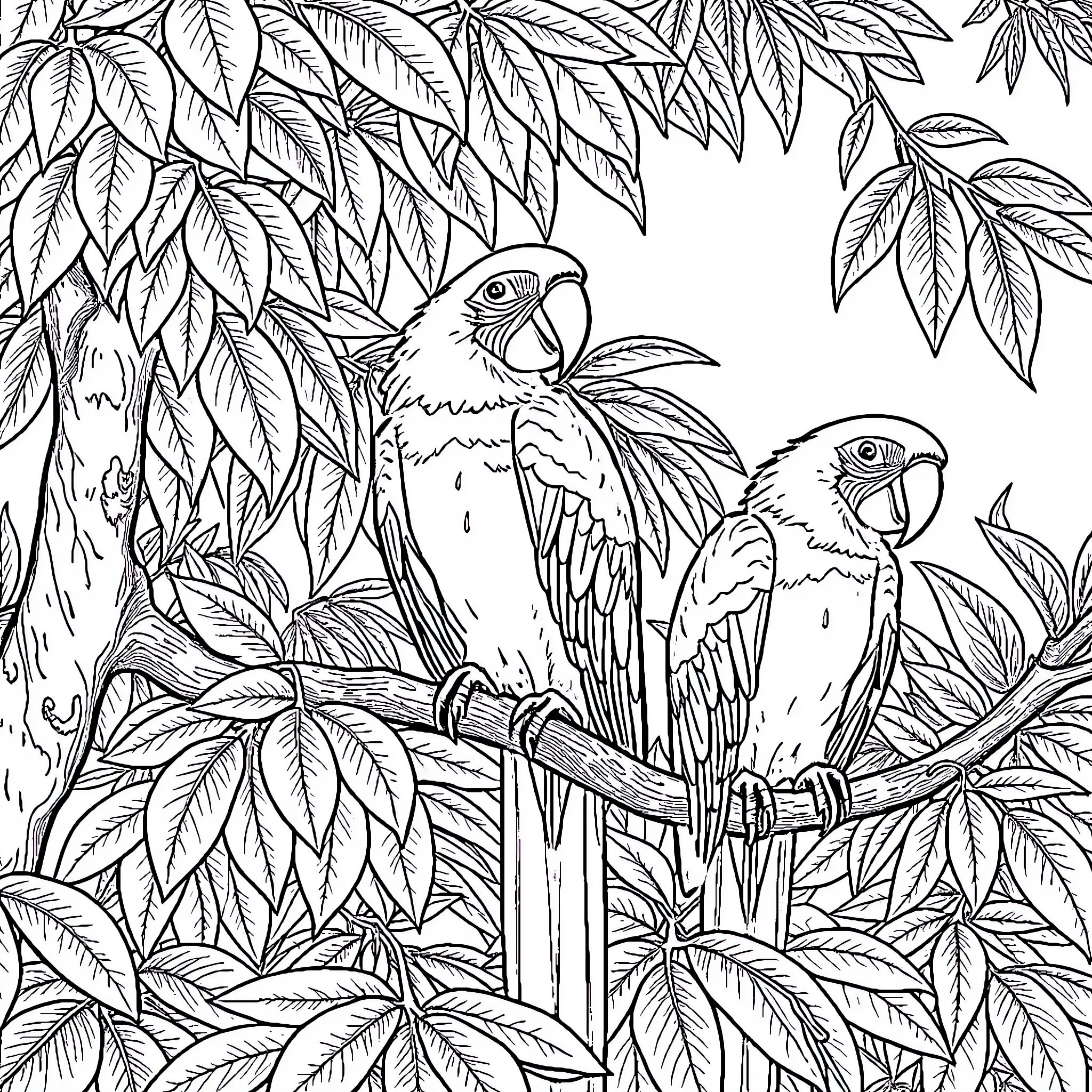 Macaw parrots in tropical forest scene Coloring Page (free black-and-white line drawing printable PDF for all, from beginners to advanced learners, including children, teens, adults, and seniors)