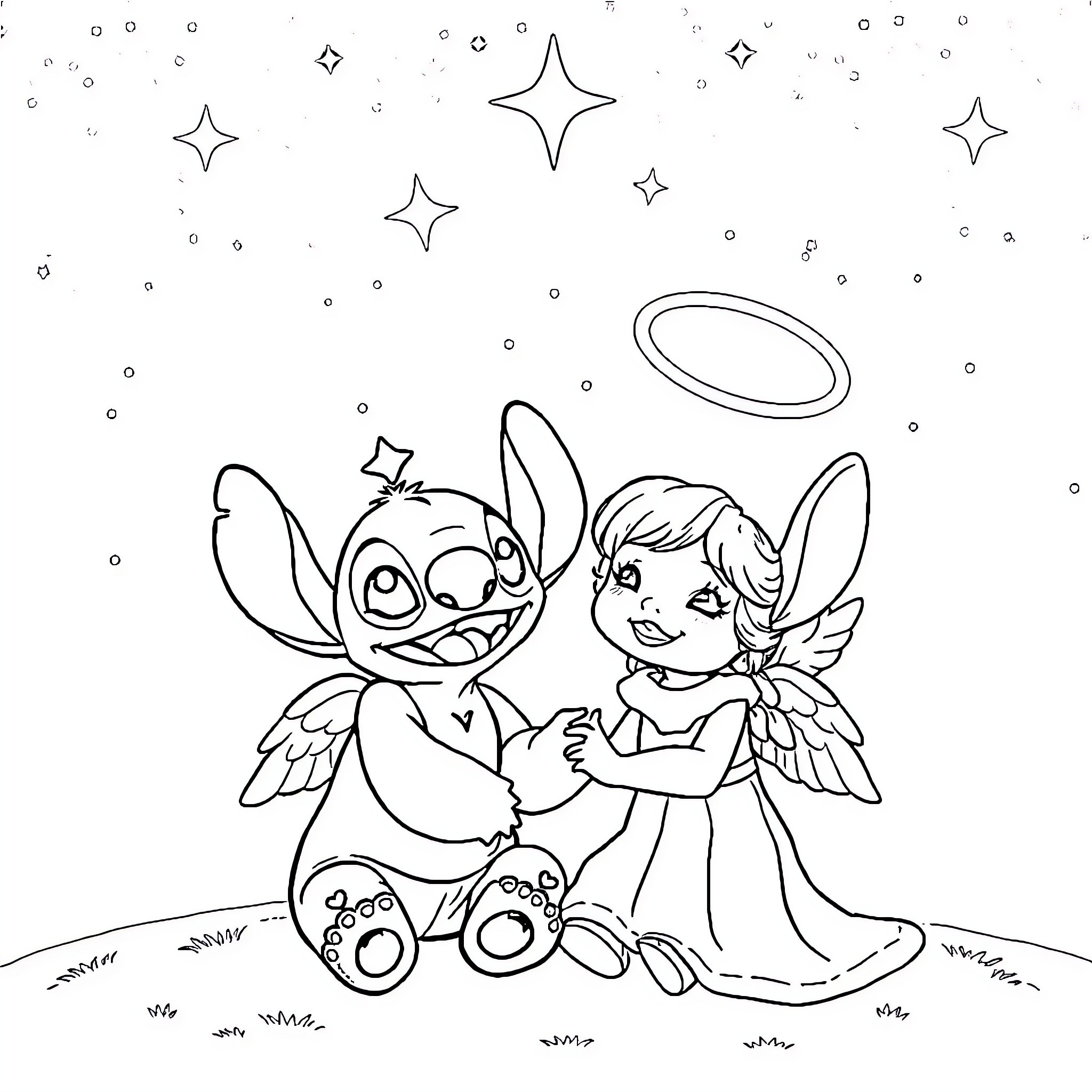 Stitch and fairy character in whimsical scene Coloring Page (free black-and-white line drawing printable PDF for all, from beginners to advanced learners, including children, teens, adults, and seniors)