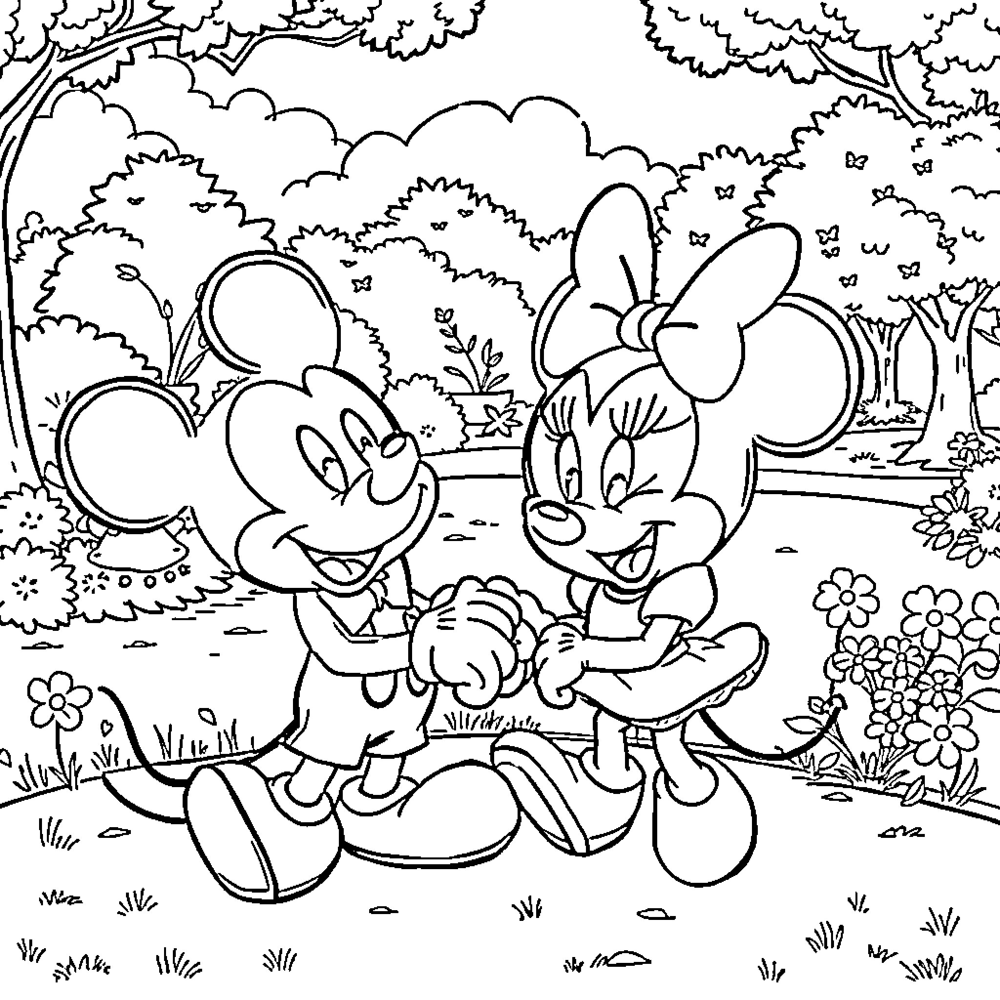 Mickey and Minnie enjoying a day in the park Coloring Page (free black-and-white line drawing printable PDF for all, from beginners to advanced learners, including children, teens, adults, and seniors)
