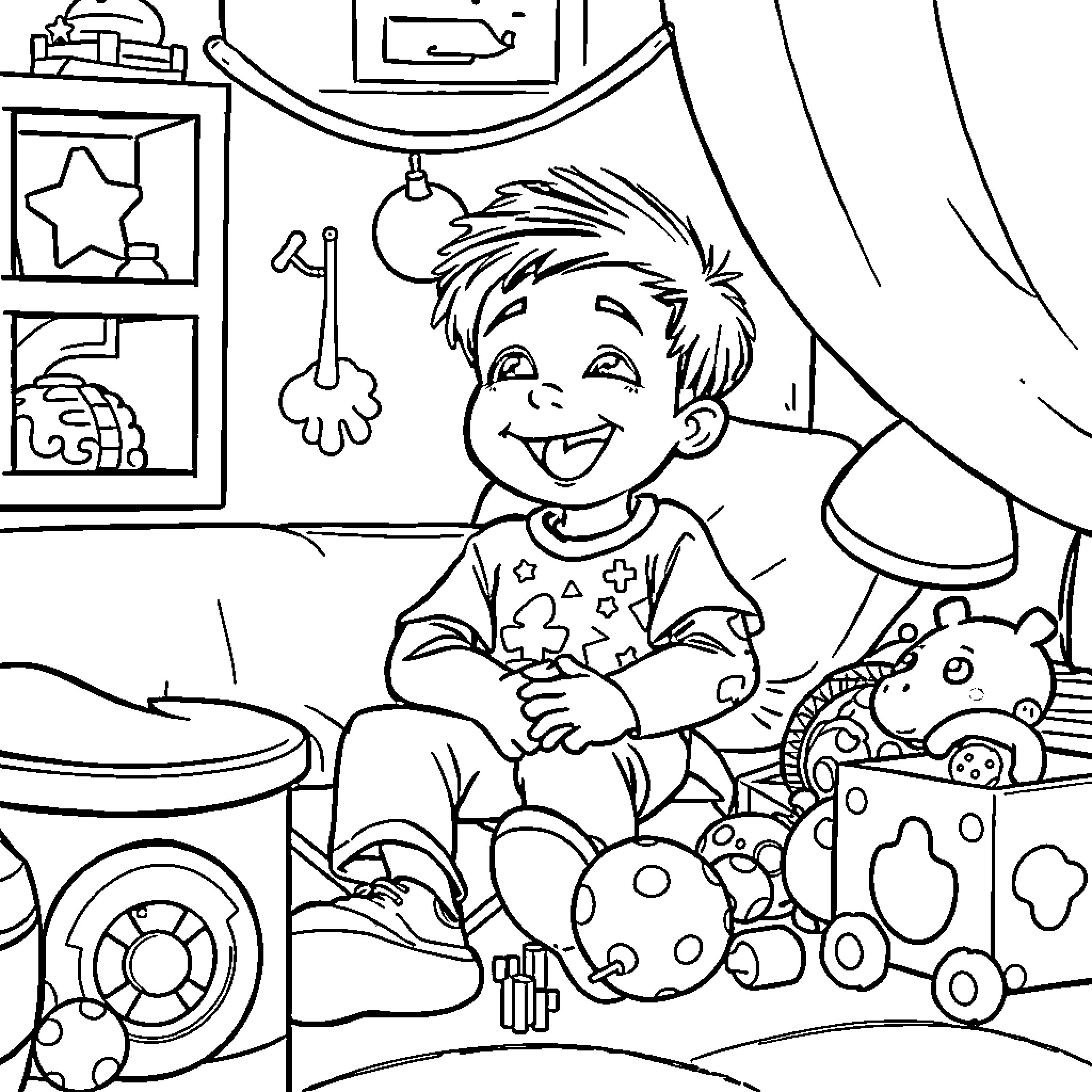 Shoto's Colorful Playtime Imagination Coloring Page (free black-and-white line drawing printable PDF for all, from beginners to advanced learners, including children, teens, adults, and seniors)