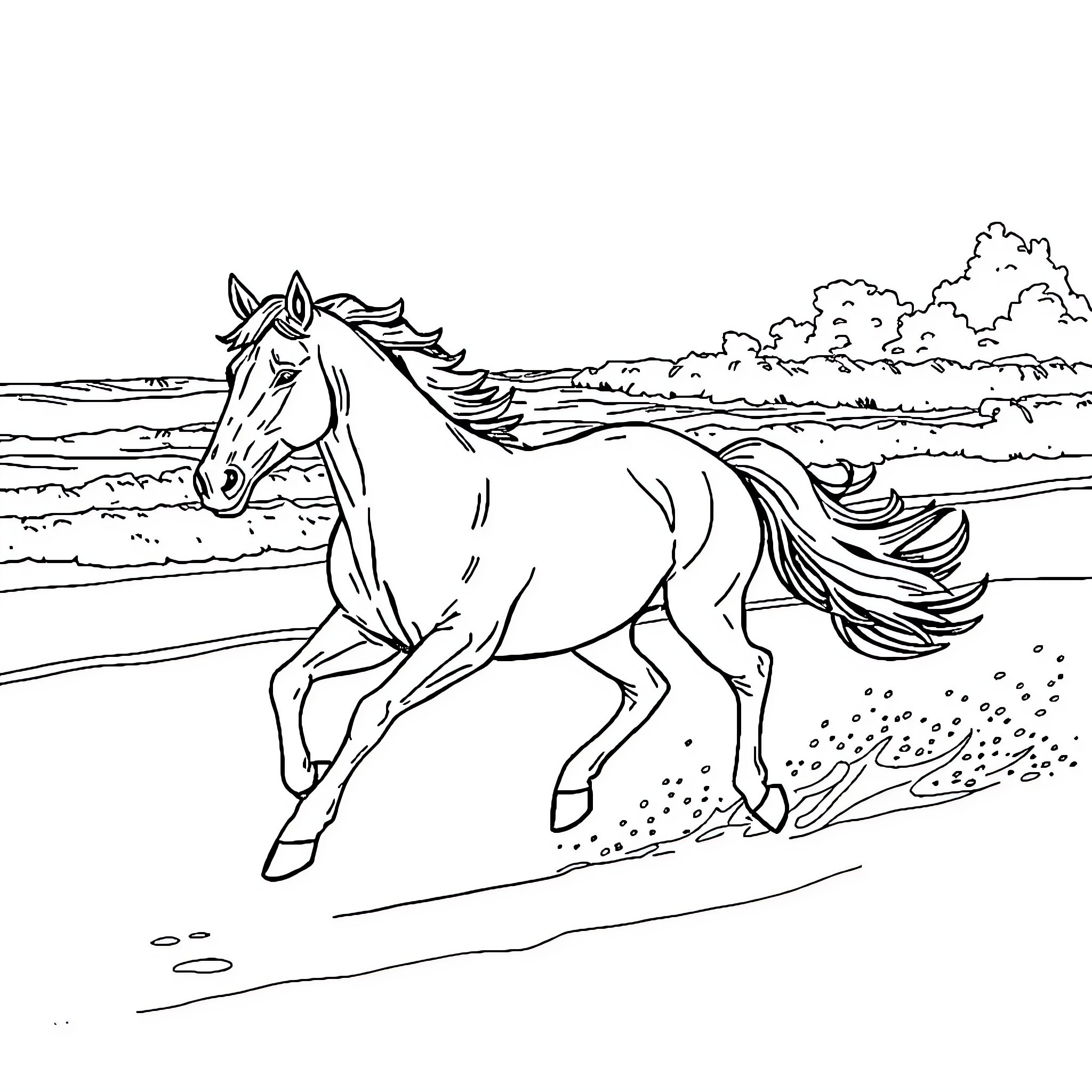 Horse running freely through the countryside Coloring Page (free black-and-white line drawing printable PDF for all, from beginners to advanced learners, including children, teens, adults, and seniors)