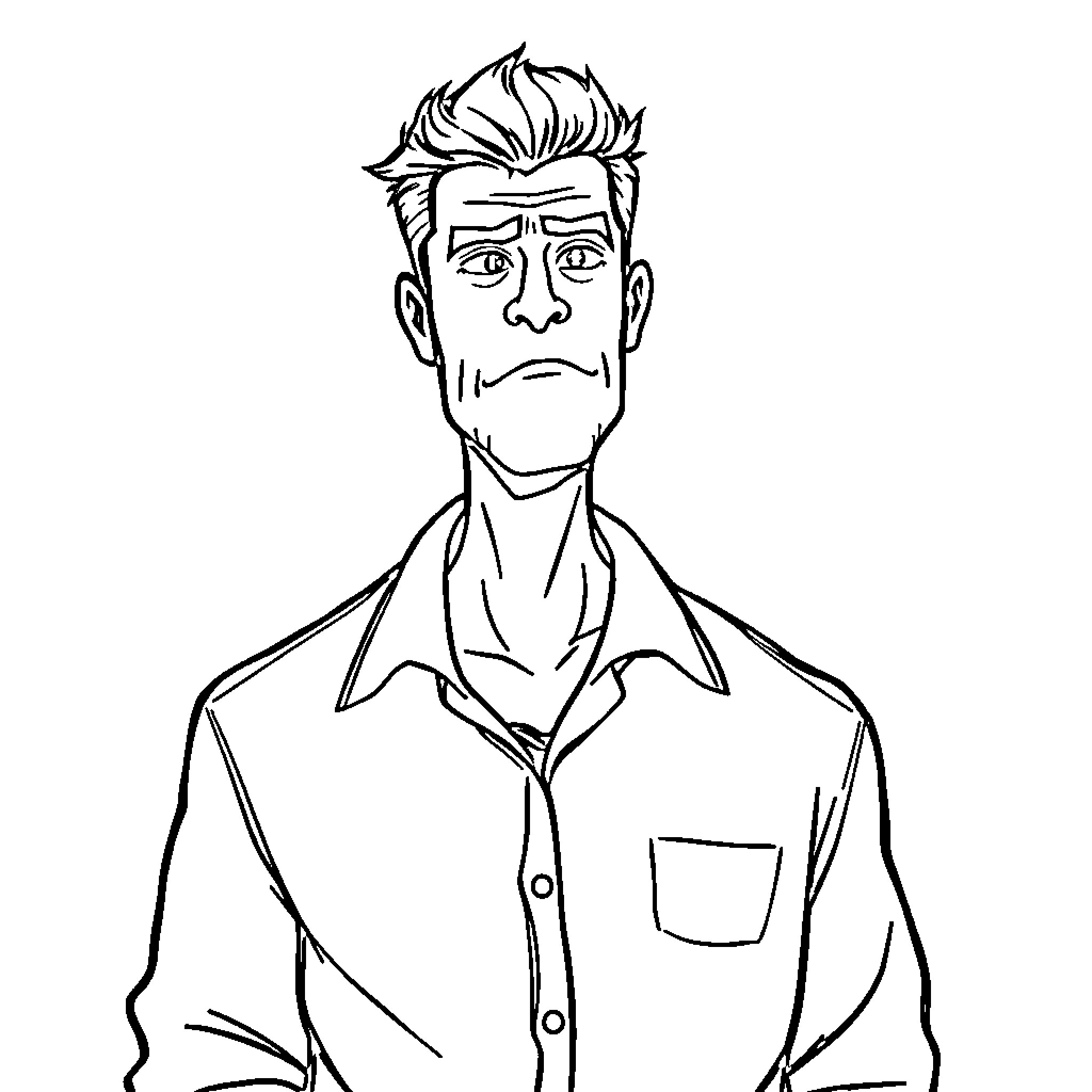 Adult man with serious expression in casual outfit Coloring Page (free black-and-white line drawing printable PDF for all, from beginners to advanced learners, including children, teens, adults, and seniors)