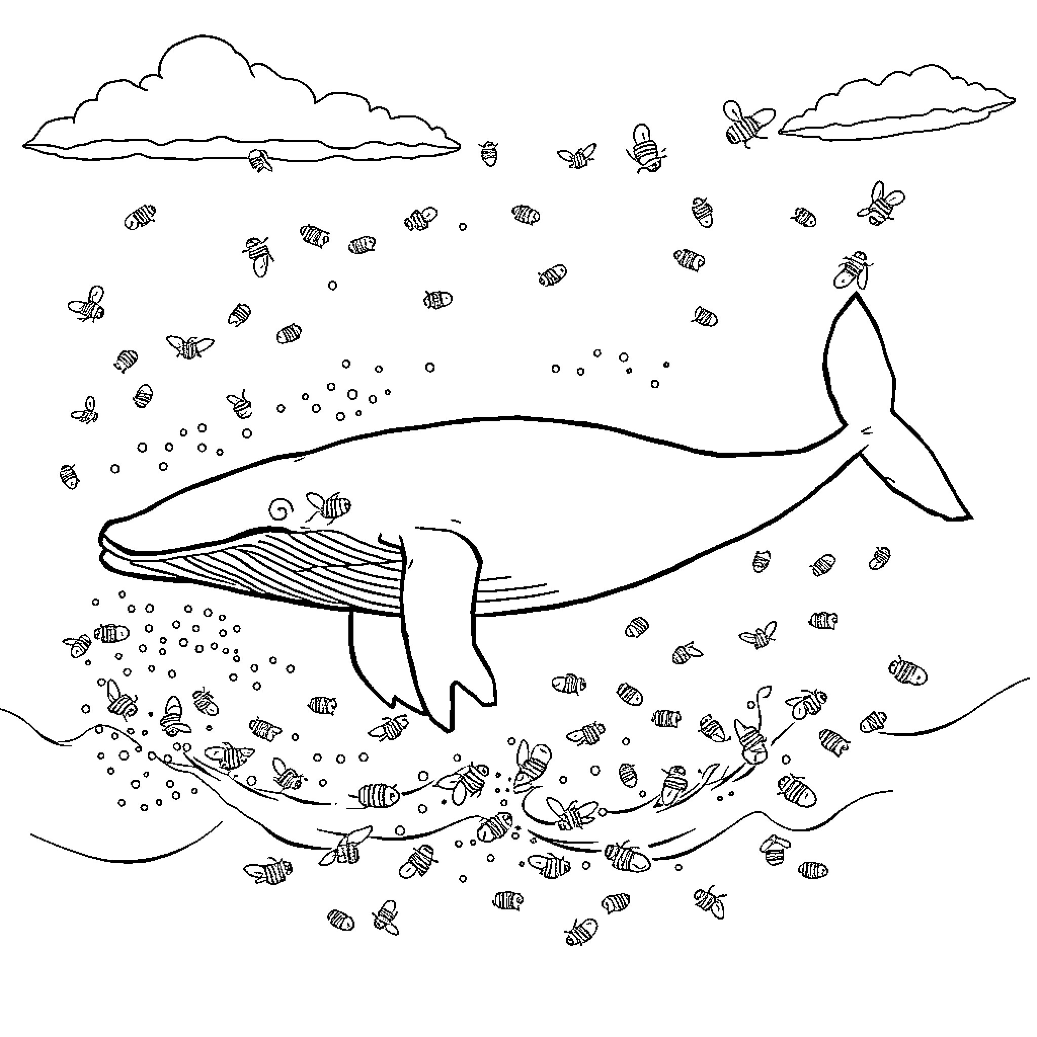 Humpback Whale swimming with butterflies in the ocean Coloring Page (free black-and-white line drawing printable PDF for all, from beginners to advanced learners, including children, teens, adults, and seniors)