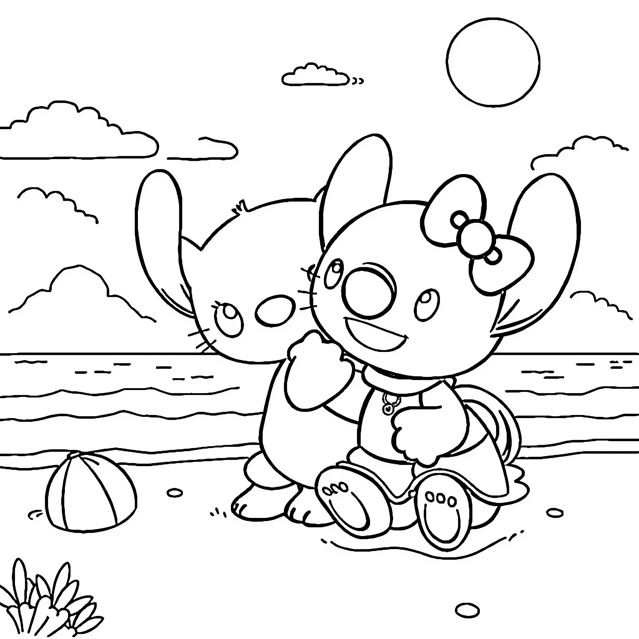 Hello Kitty playing happily at the beach Coloring Page (free black-and-white line drawing printable PDF for all, from beginners to advanced learners, including children, teens, adults, and seniors)