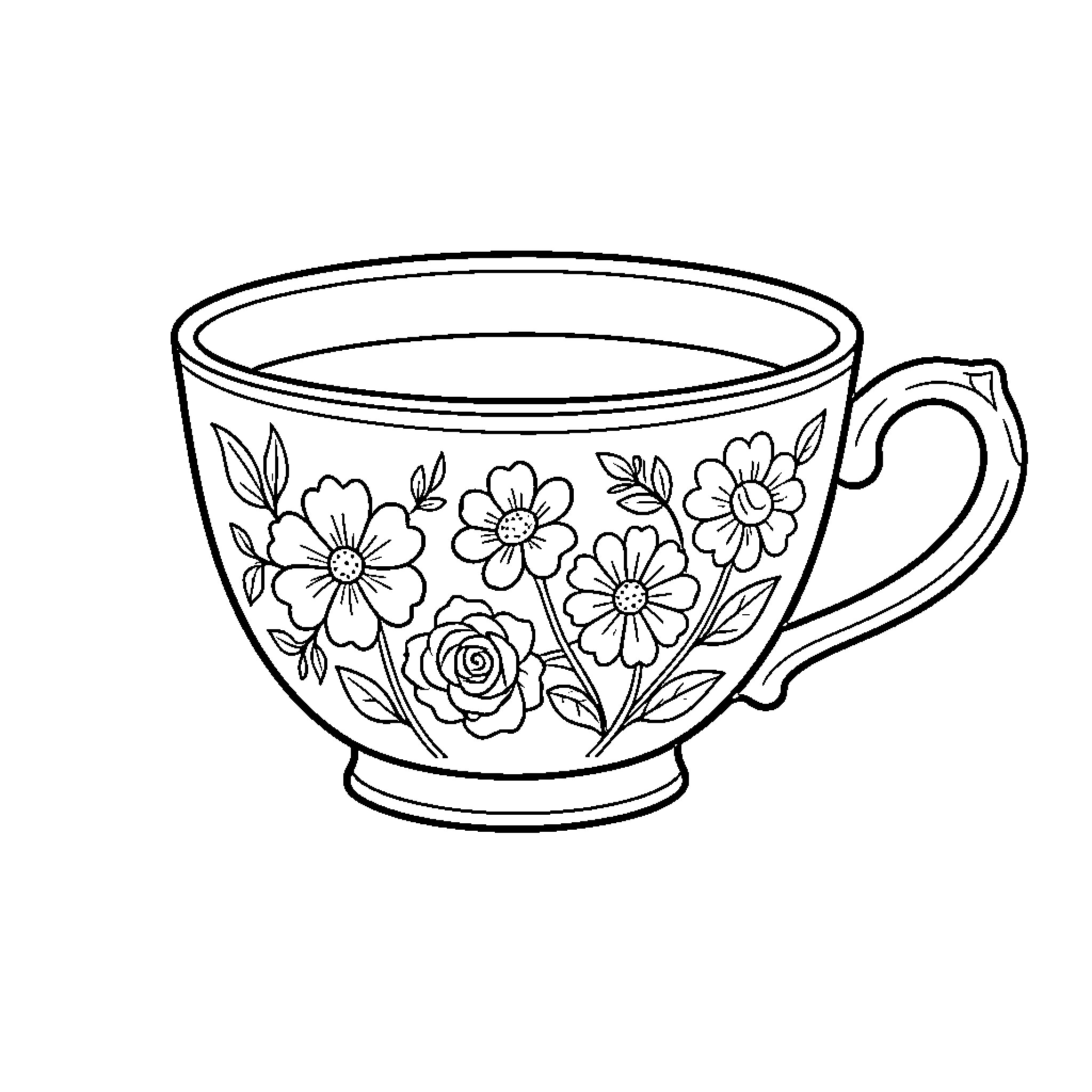 Tea Cup with Floral Patterns Coloring Page (free black-and-white line drawing printable PDF for all, from beginners to advanced learners, including children, teens, adults, and seniors)