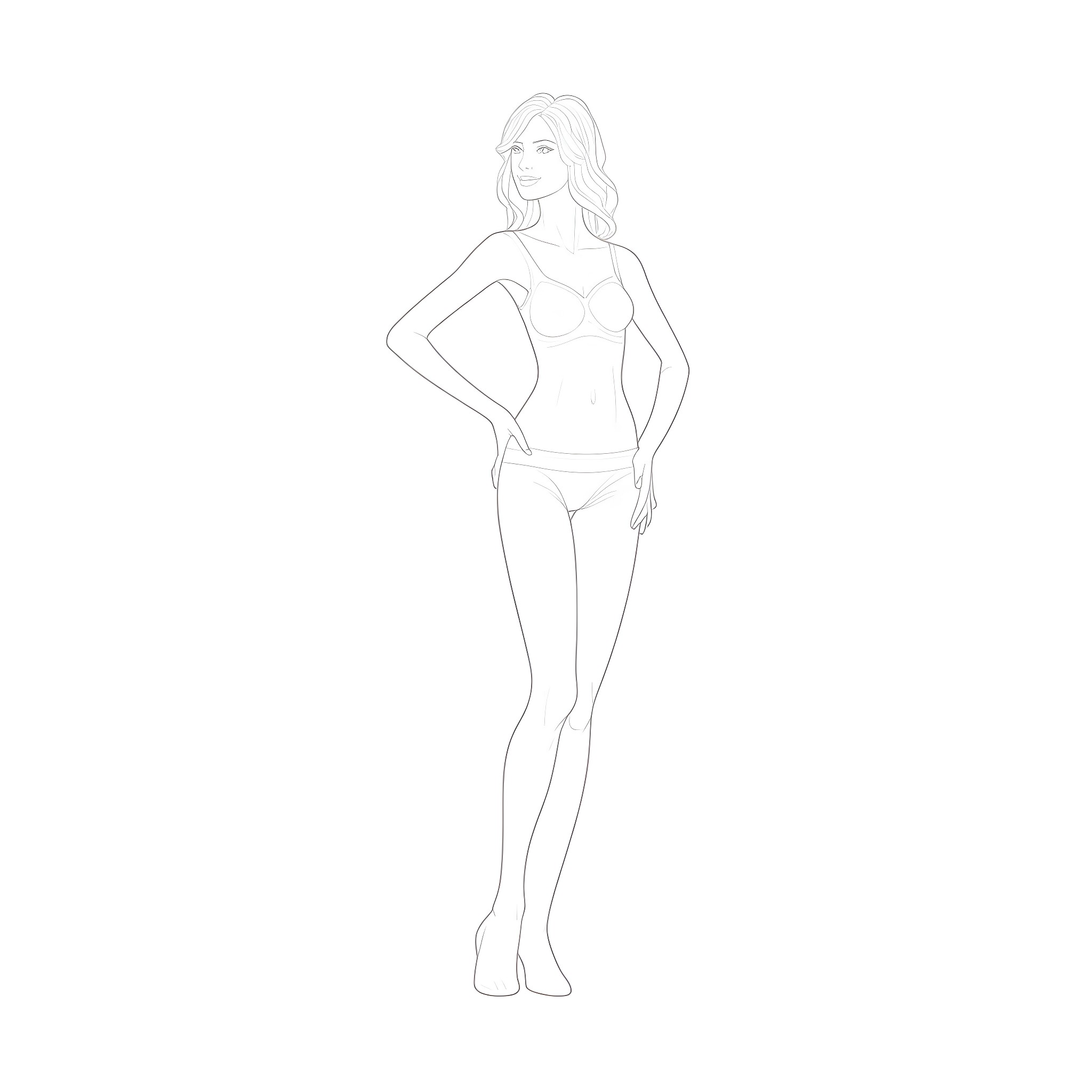 Woman in simple attire standing confidently Coloring Page (free black-and-white line drawing printable PDF for all, from beginners to advanced learners, including children, teens, adults, and seniors)