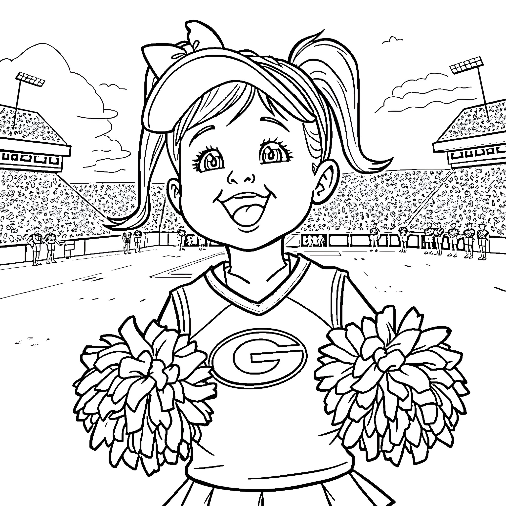Cheerleader performing with pom-poms at the stadium Coloring Page (free black-and-white line drawing printable PDF for all, from beginners to advanced learners, including children, teens, adults, and seniors)