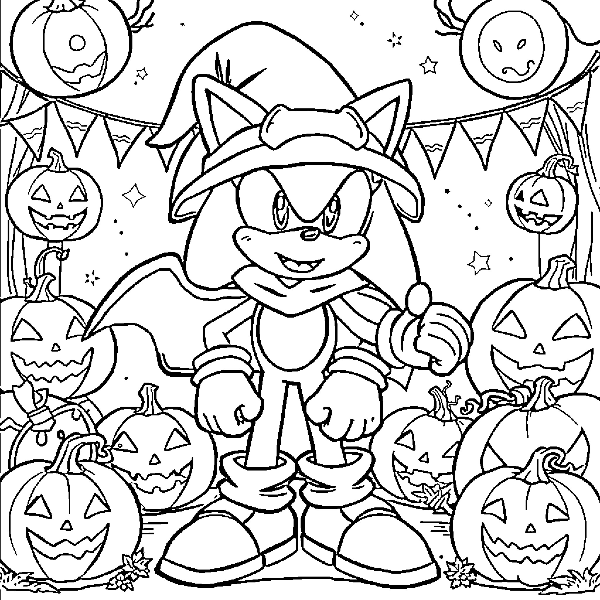 Sonic's Spooky Halloween Adventure Coloring Page (free black-and-white line drawing printable PDF for all, from beginners to advanced learners, including children, teens, adults, and seniors)
