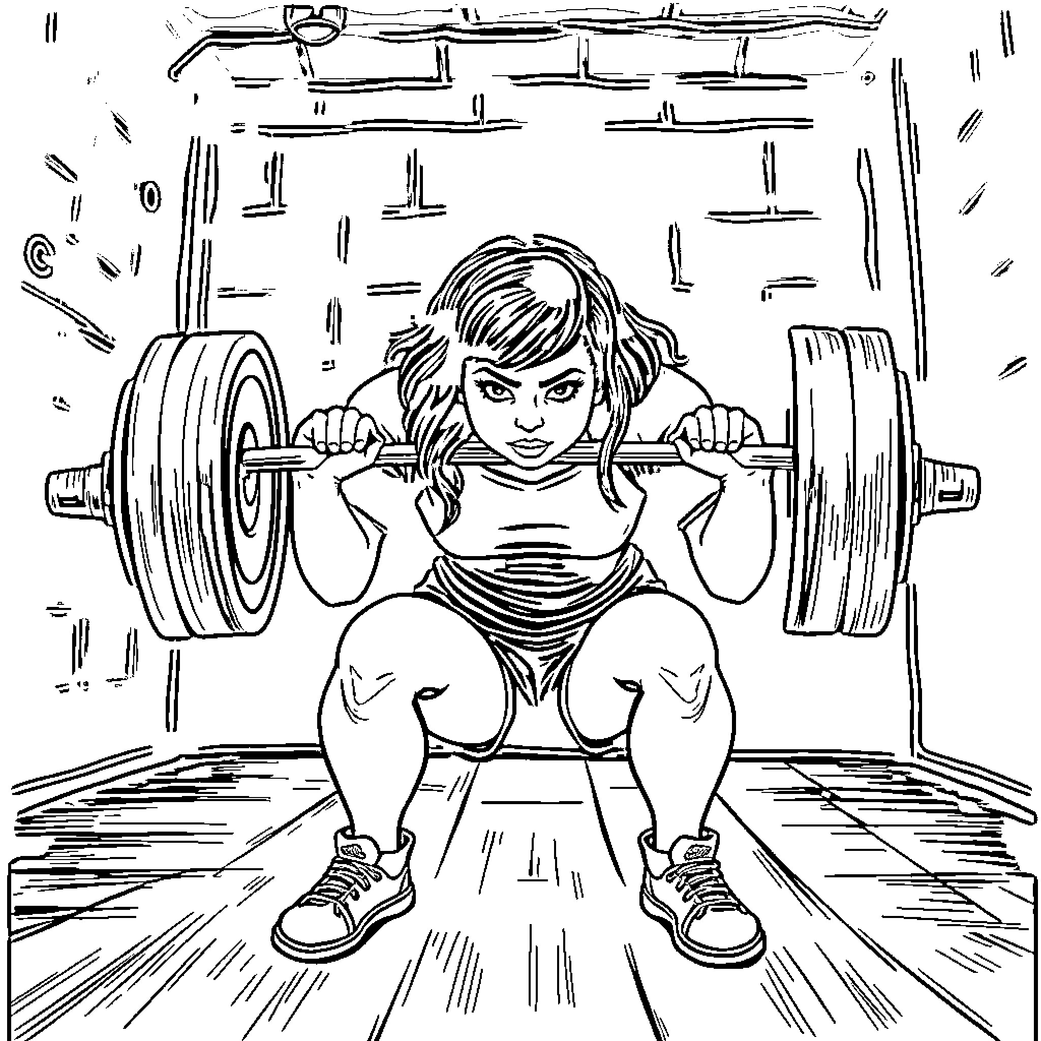Wednesday Adams Pumping Iron in the Gym Coloring Page (free black-and-white line drawing printable PDF for all, from beginners to advanced learners, including children, teens, adults, and seniors)