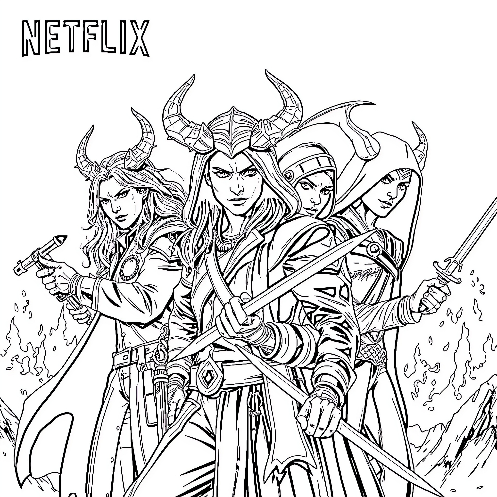 Demon warriors clad in battle gear wielding fearsome weapons Coloring Page (free black-and-white line drawing printable PDF for all, from beginners to advanced learners, including children, teens, adults, and seniors)