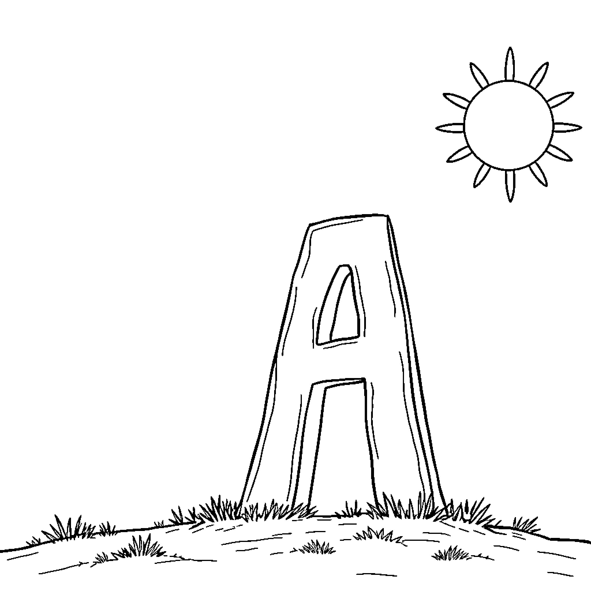 A Simple Alphabet Letter Drawing in Nature Coloring Page (free black-and-white line drawing printable PDF for all, from beginners to advanced learners, including children, teens, adults, and seniors)
