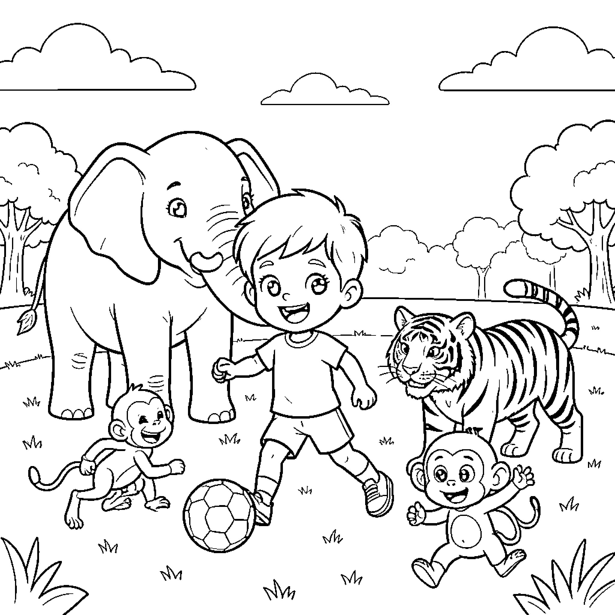 Niño jugando con animales en el parque Coloring Page (free black-and-white line drawing printable PDF for all, from beginners to advanced learners, including children, teens, adults, and seniors)