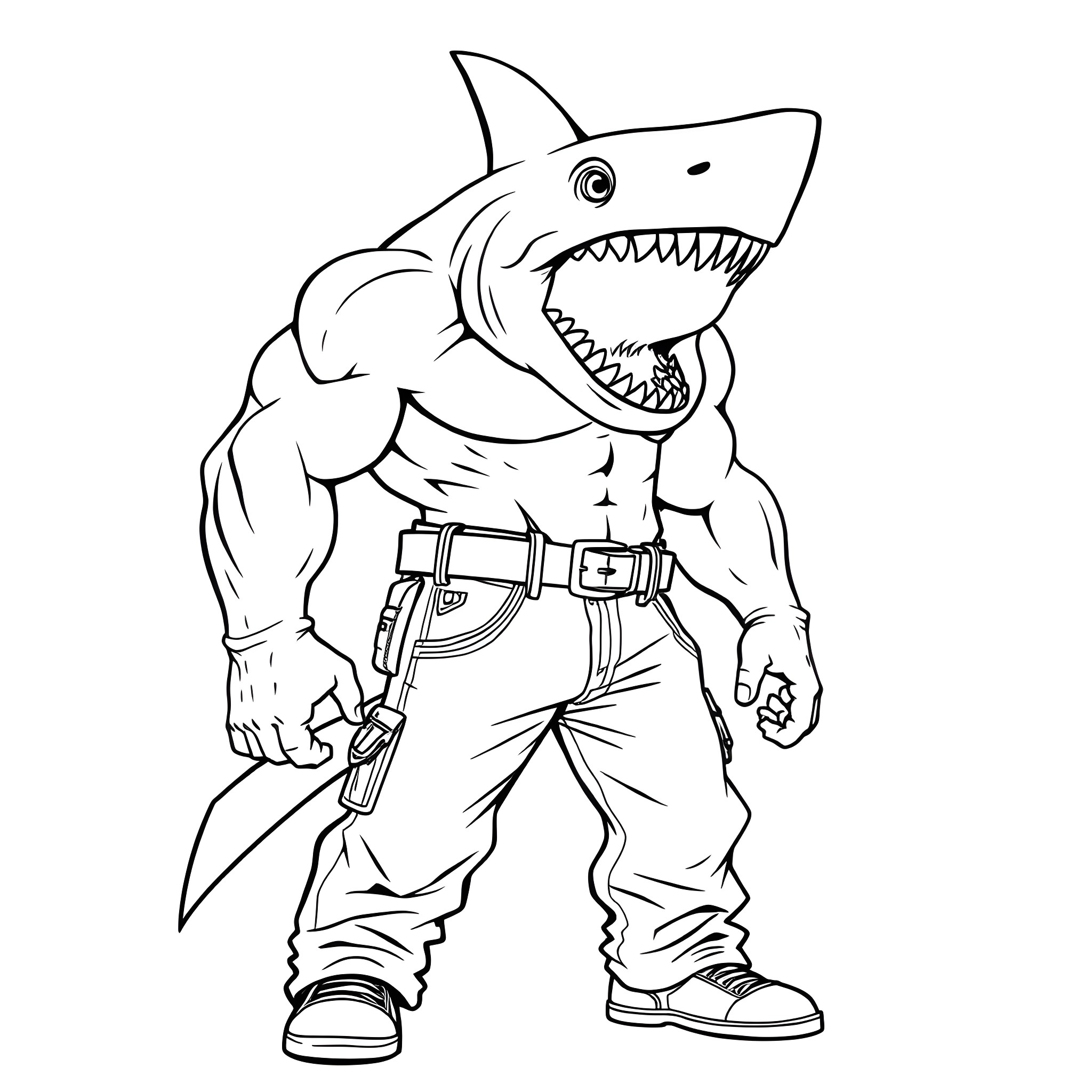 Shark warrior posing in fighting stance Coloring Page (free black-and-white line drawing printable PDF for all, from beginners to advanced learners, including children, teens, adults, and seniors)