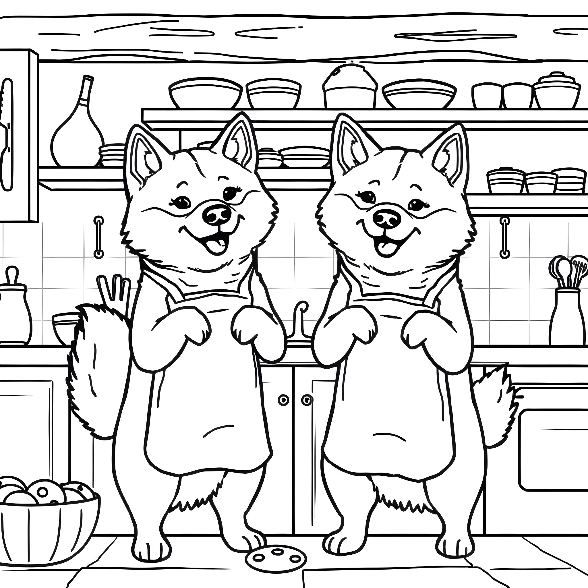 Shiba Inu cooking happily in the kitchen Coloring Page (free black-and-white line drawing printable PDF for all, from beginners to advanced learners, including children, teens, adults, and seniors)