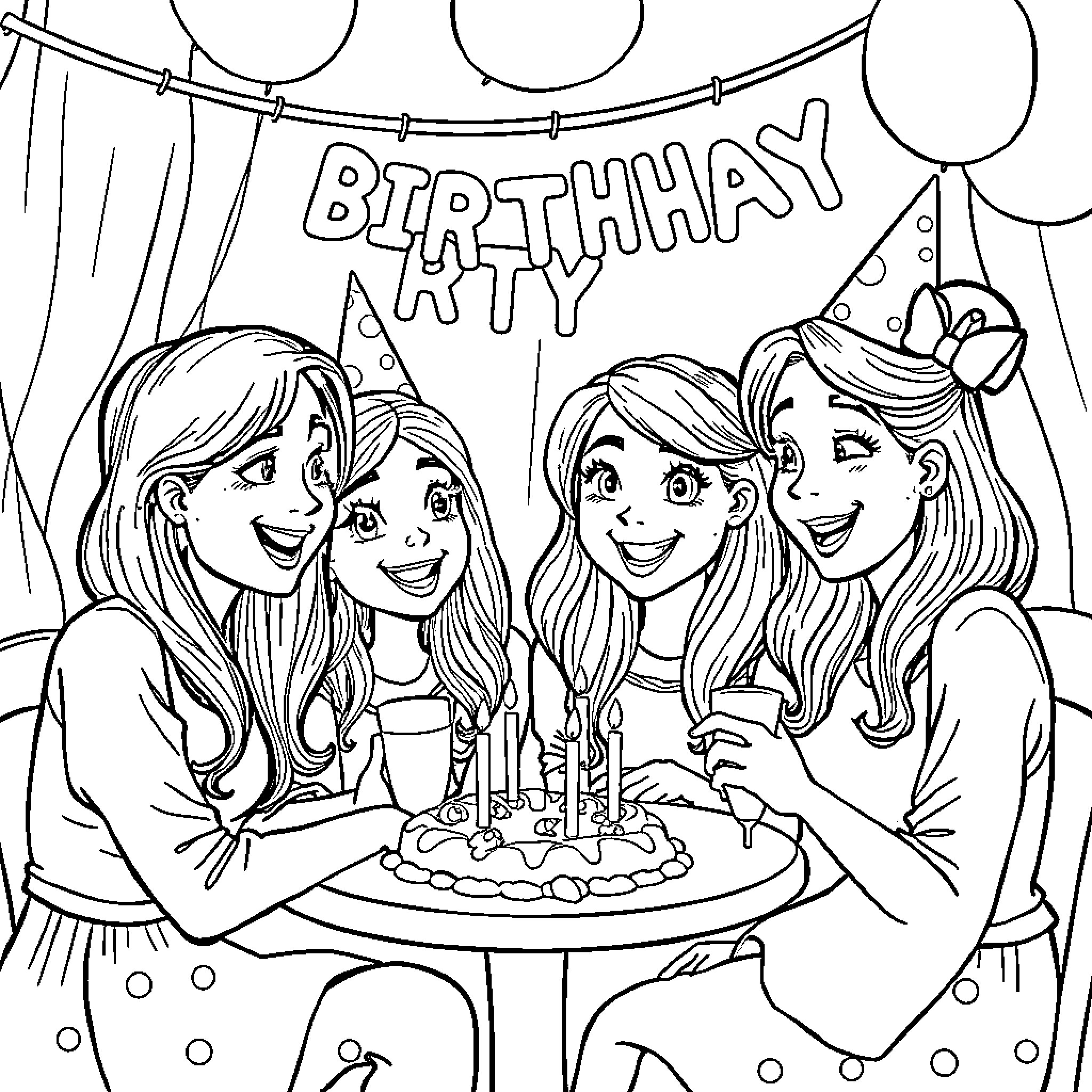 Gabby's Birthday Party with Friends Coloring Page (free black-and-white line drawing printable PDF for all, from beginners to advanced learners, including children, teens, adults, and seniors)