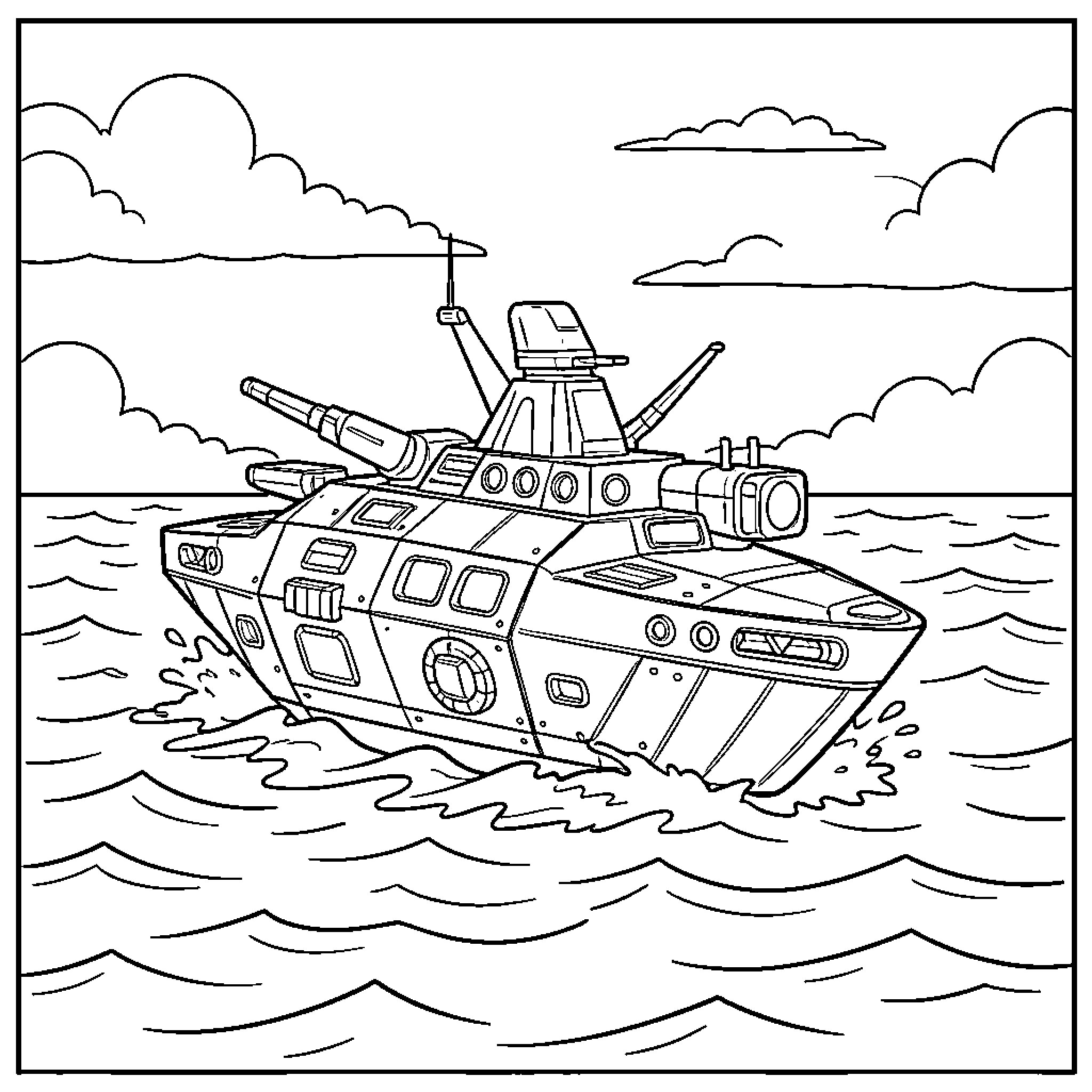 Atlas military armored vehicle navigating through ocean waves Coloring Page (free black-and-white line drawing printable PDF for all, from beginners to advanced learners, including children, teens, adults, and seniors)