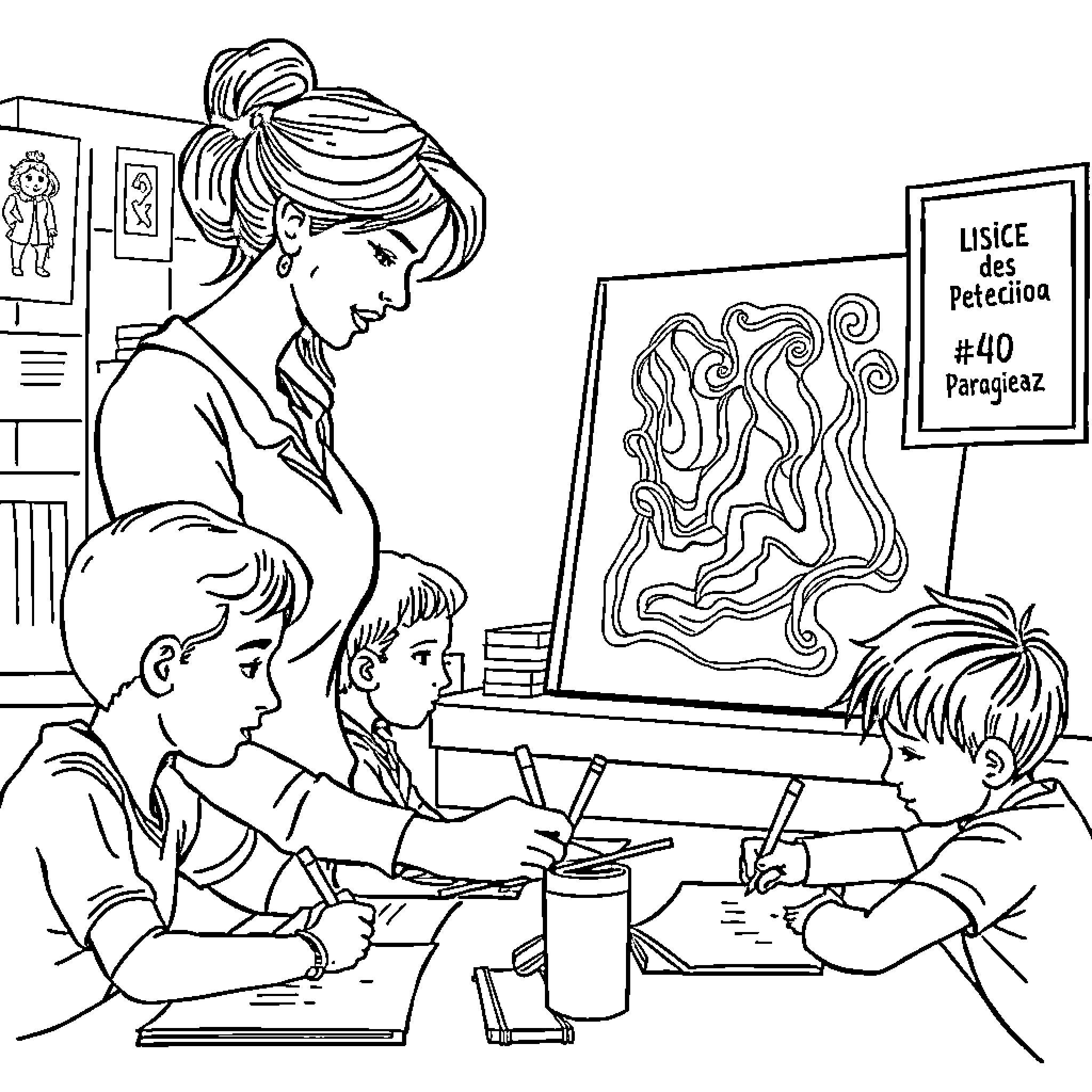 Teacher guiding students in creative art project Coloring Page (free black-and-white line drawing printable PDF for all, from beginners to advanced learners, including children, teens, adults, and seniors)