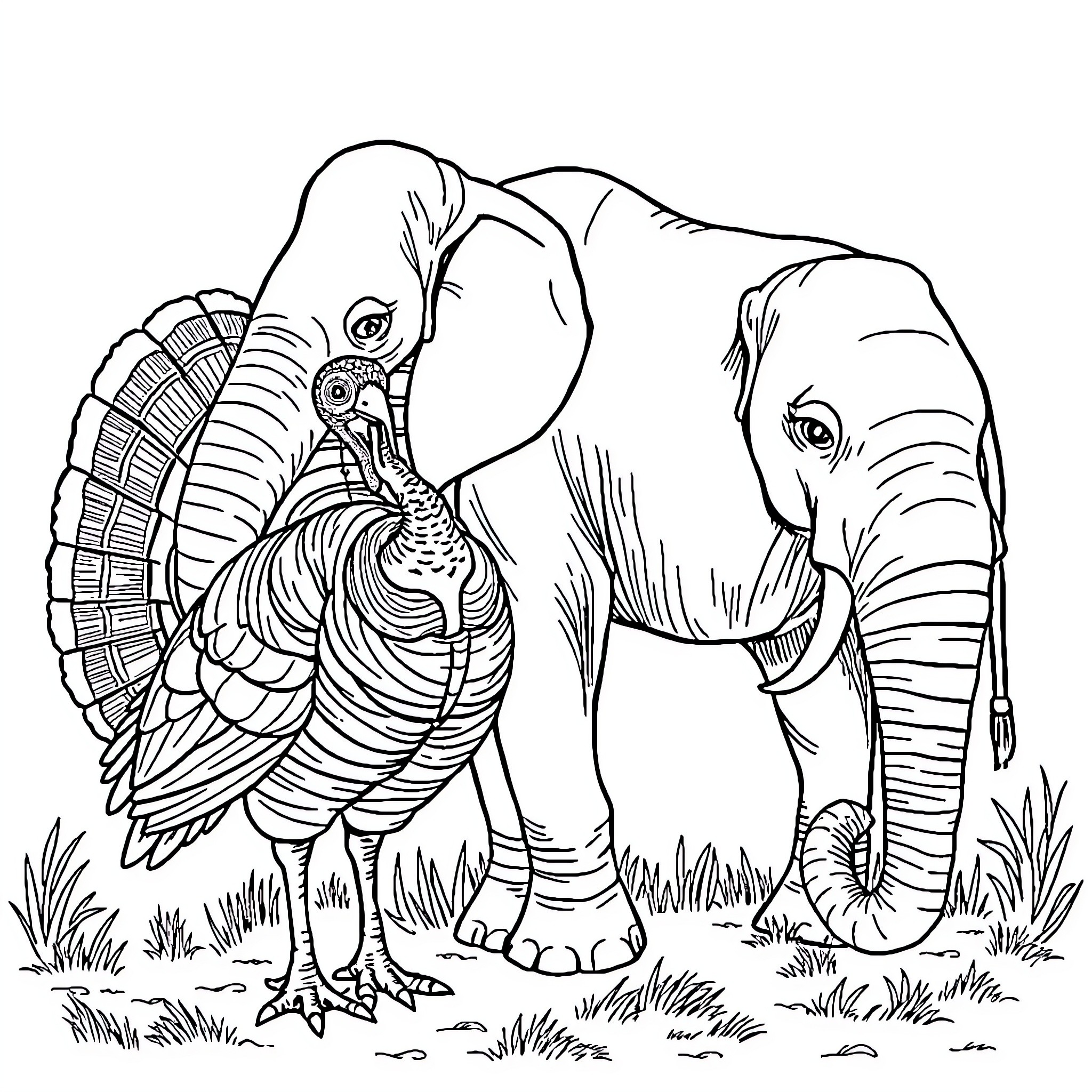 Turkey and elephant interacting in a field Coloring Page (free black-and-white line drawing printable PDF for all, from beginners to advanced learners, including children, teens, adults, and seniors)