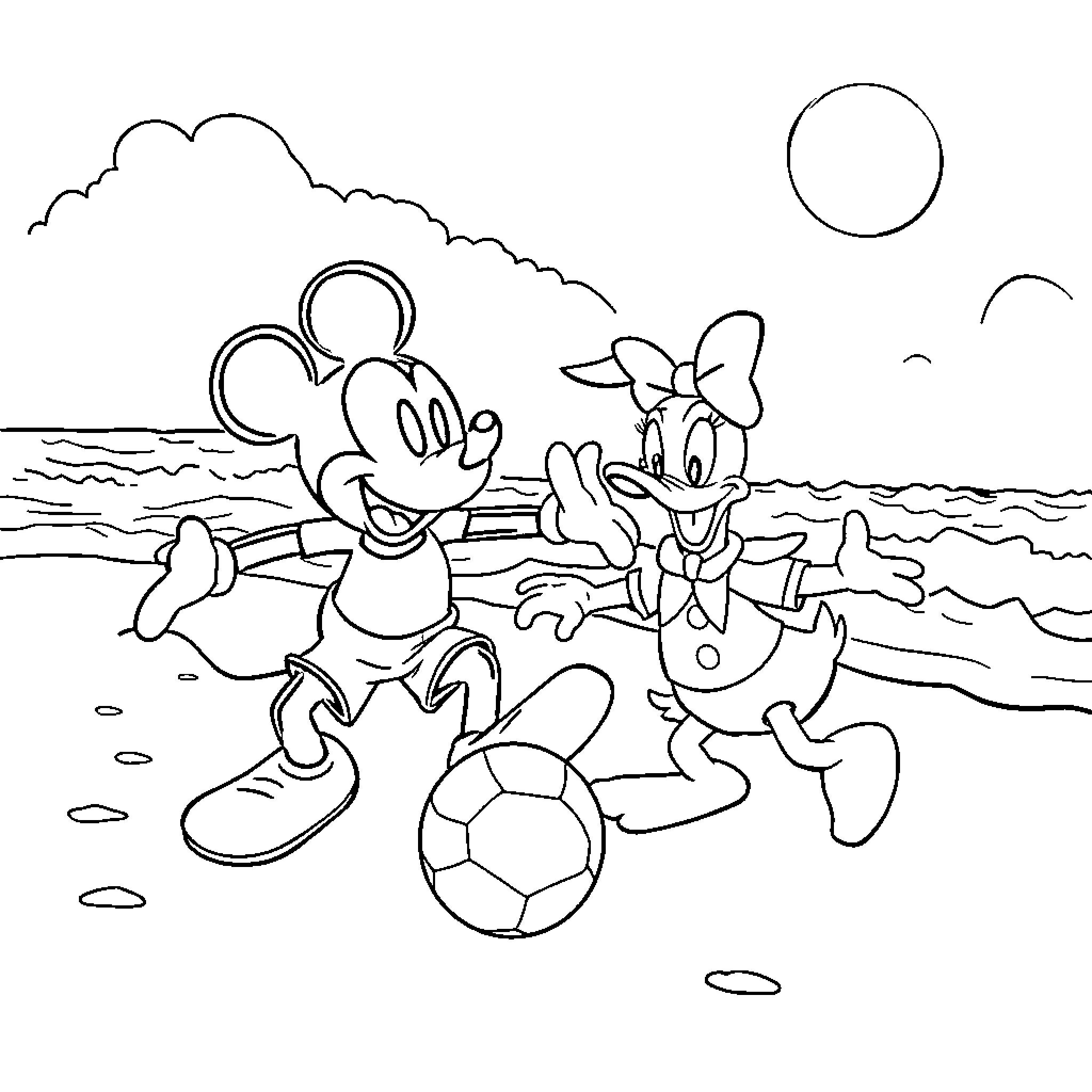 Mickey and Minnie playing on the beach Coloring Page (free black-and-white line drawing printable PDF for all, from beginners to advanced learners, including children, teens, adults, and seniors)