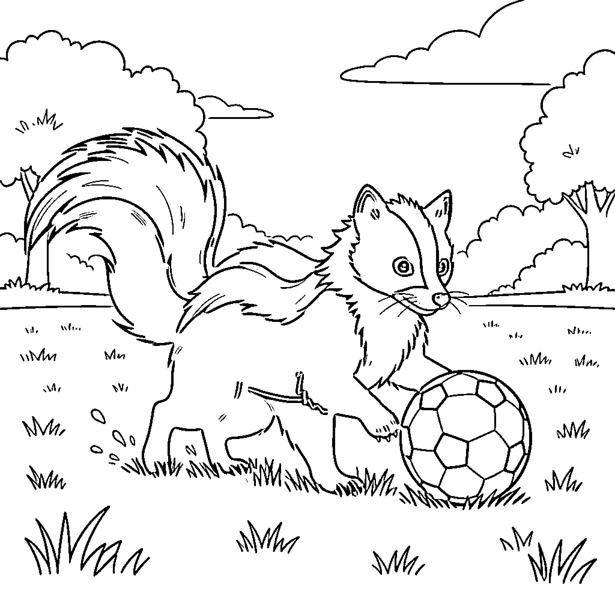 Skunk playing with a soccer ball in a field Coloring Page (free black-and-white line drawing printable PDF for all, from beginners to advanced learners, including children, teens, adults, and seniors)