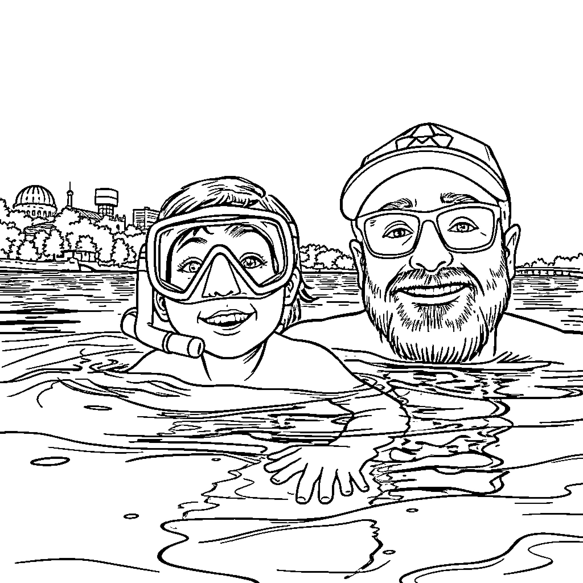 Girl swimming with father in the lake Coloring Page (free black-and-white line drawing printable PDF for all, from beginners to advanced learners, including children, teens, adults, and seniors)