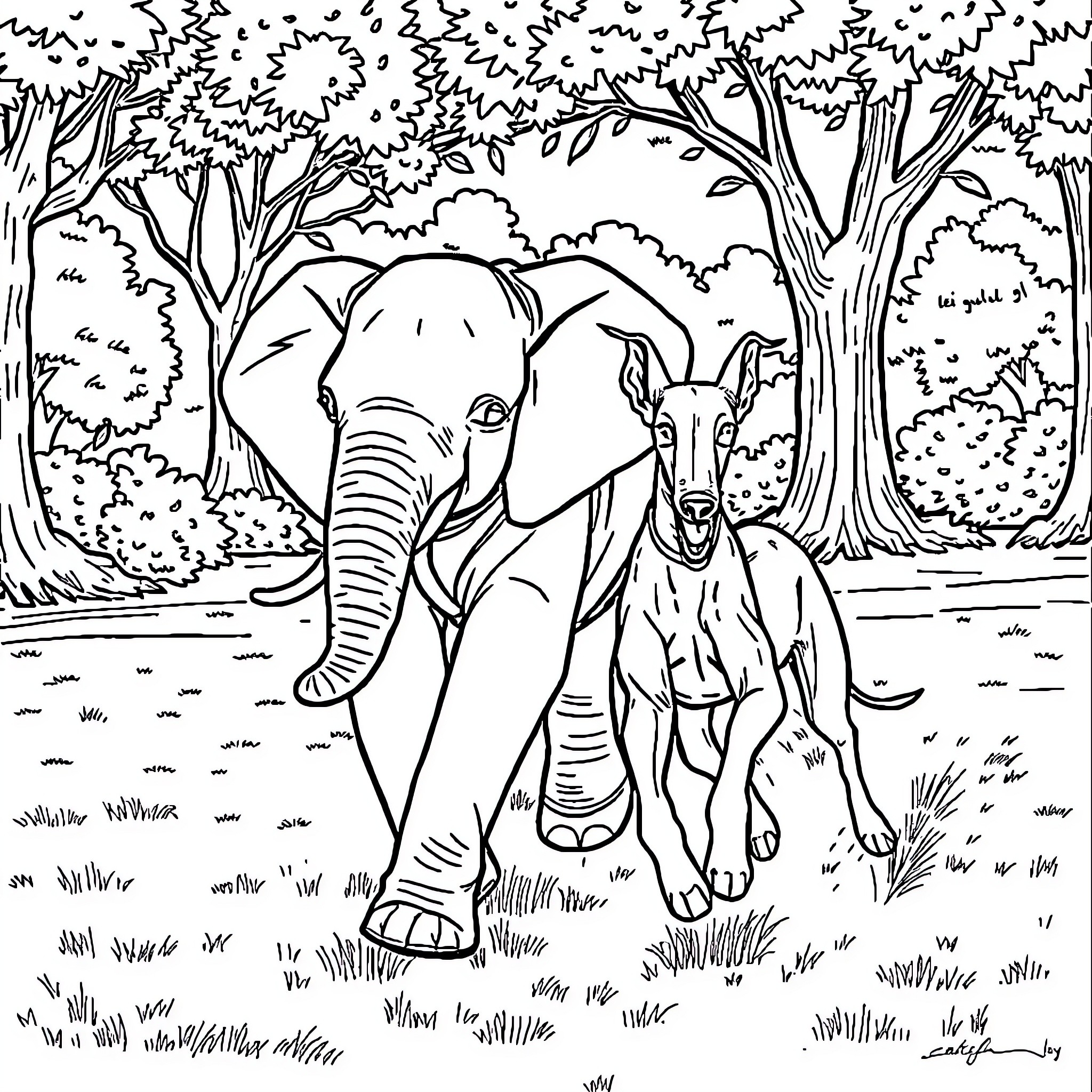 Elephant and antelope in lush forest Coloring Page (free black-and-white line drawing printable PDF for all, from beginners to advanced learners, including children, teens, adults, and seniors)