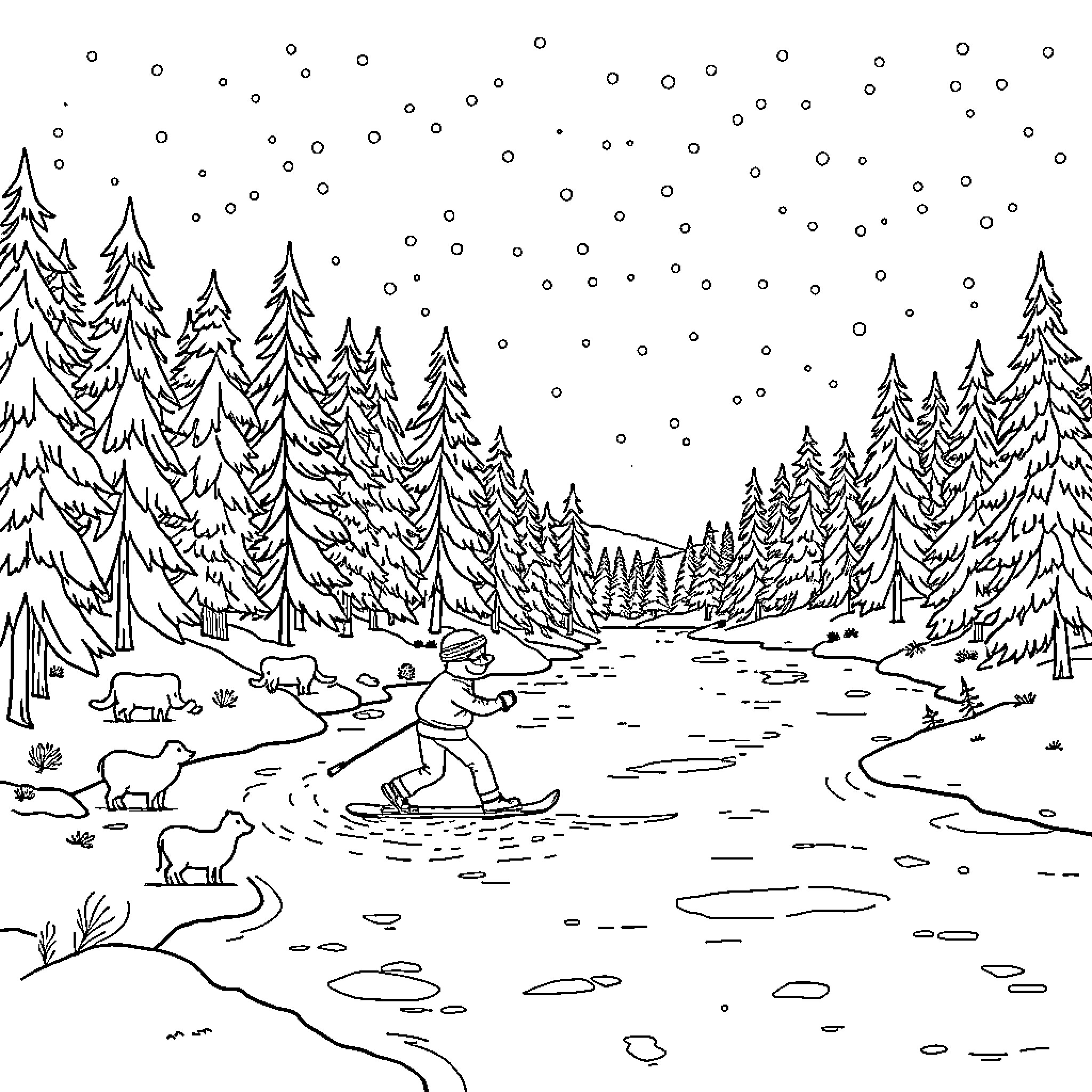 Skiing in a Wintry Landscape Coloring Page (free black-and-white line drawing printable PDF for all, from beginners to advanced learners, including children, teens, adults, and seniors)