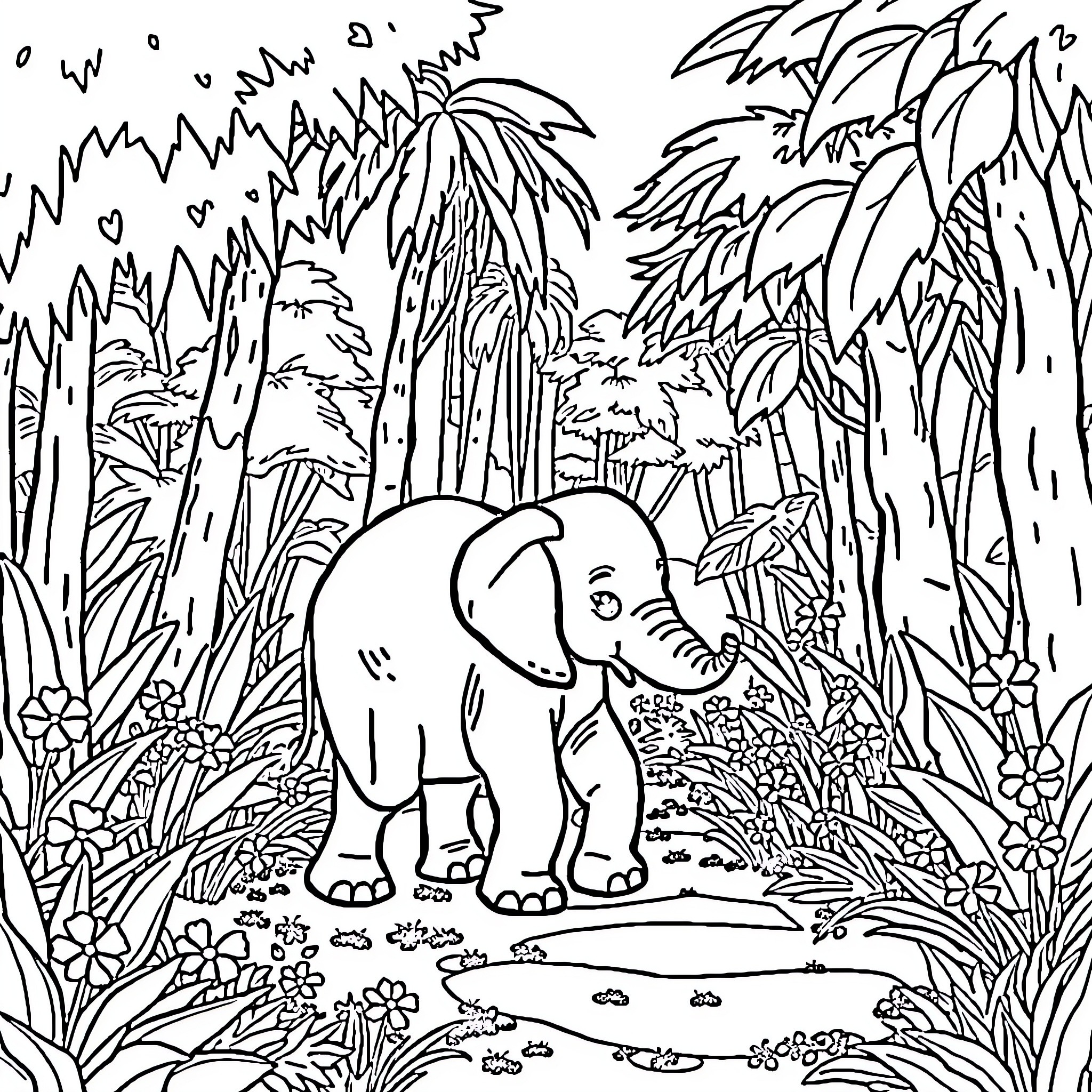 Elephant exploring lush jungle landscape Coloring Page (free black-and-white line drawing printable PDF for all, from beginners to advanced learners, including children, teens, adults, and seniors)