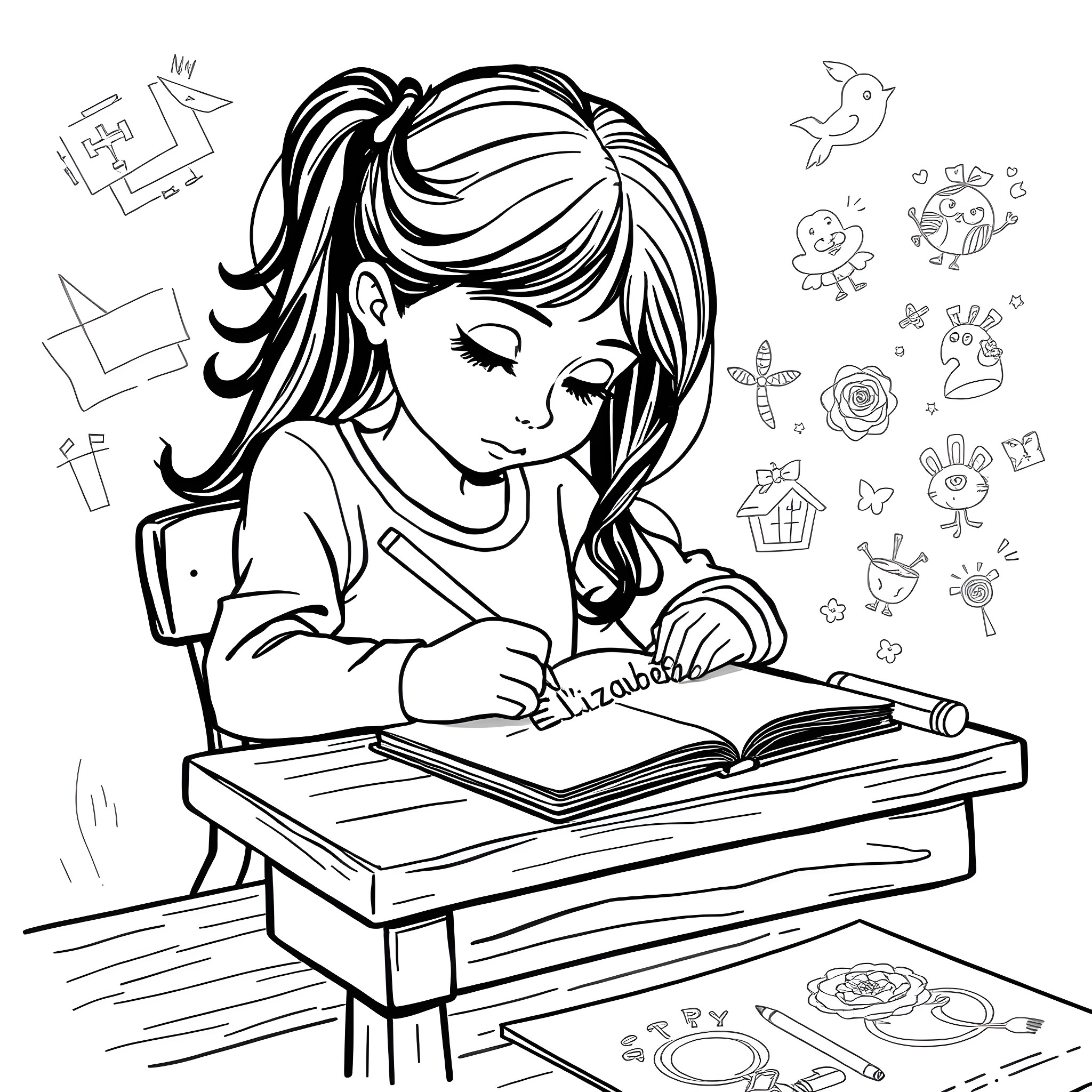 Bluey studying diligently at her desk Coloring Page (free black-and-white line drawing printable PDF for all, from beginners to advanced learners, including children, teens, adults, and seniors)