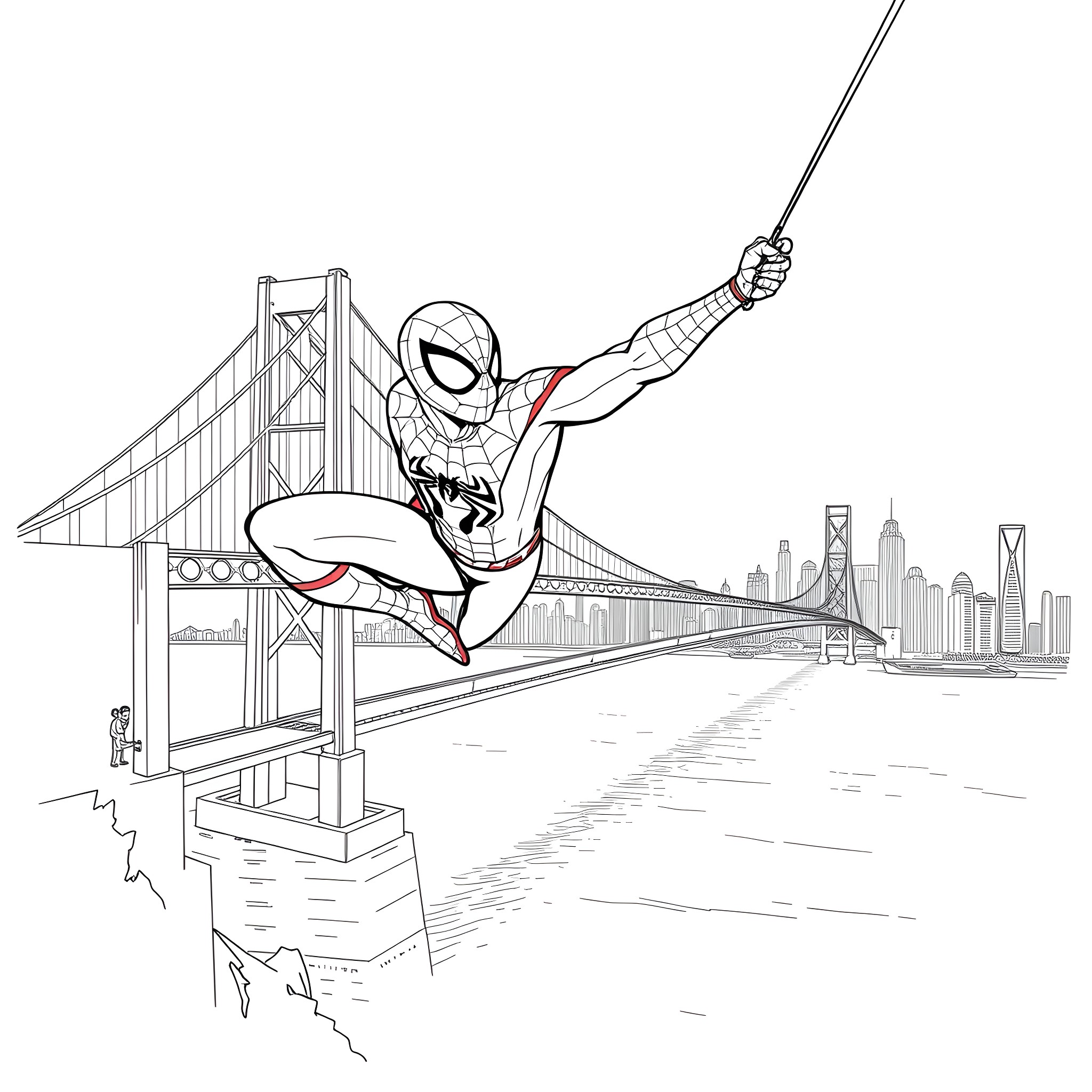 Spiderman swinging over the city skyline Coloring Page (free black-and-white line drawing printable PDF for all, from beginners to advanced learners, including children, teens, adults, and seniors)