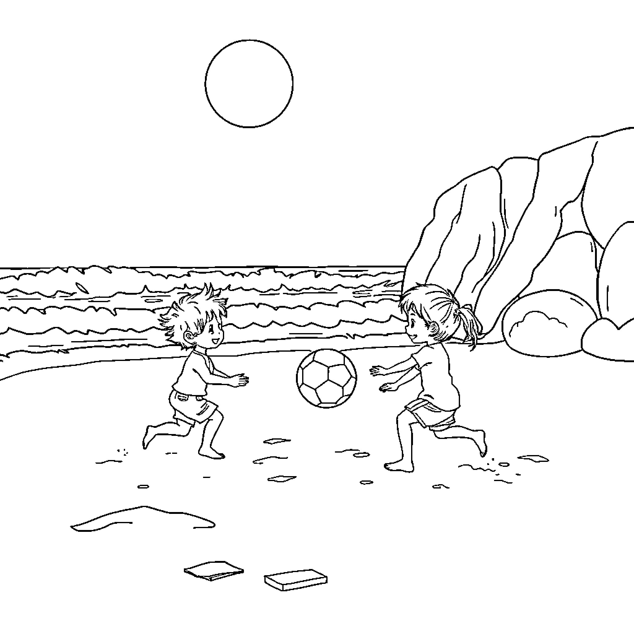 Kids playing soccer on the beach Coloring Page (free black-and-white line drawing printable PDF for all, from beginners to advanced learners, including children, teens, adults, and seniors)